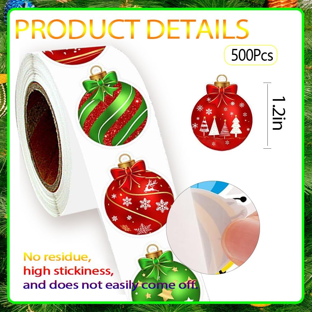 500Pcs Christmas Bauble Stickers Roll 1.2in Winter Xmas Bell Sticker