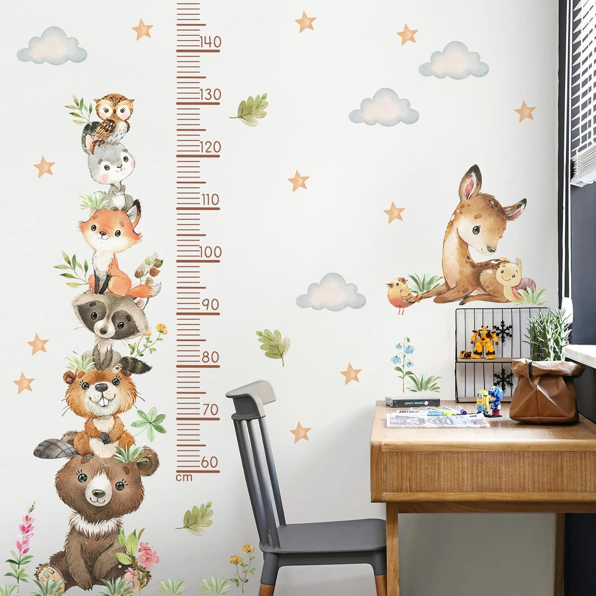 Cartoon Animal Height Growth Chart Wall Sticker for Kids Room Jungle Wild Animals Height Chart Measurement Wall Decals Removable White Clouds Star Garden Plants Grass Wall Murals for Kids Nursey Decor