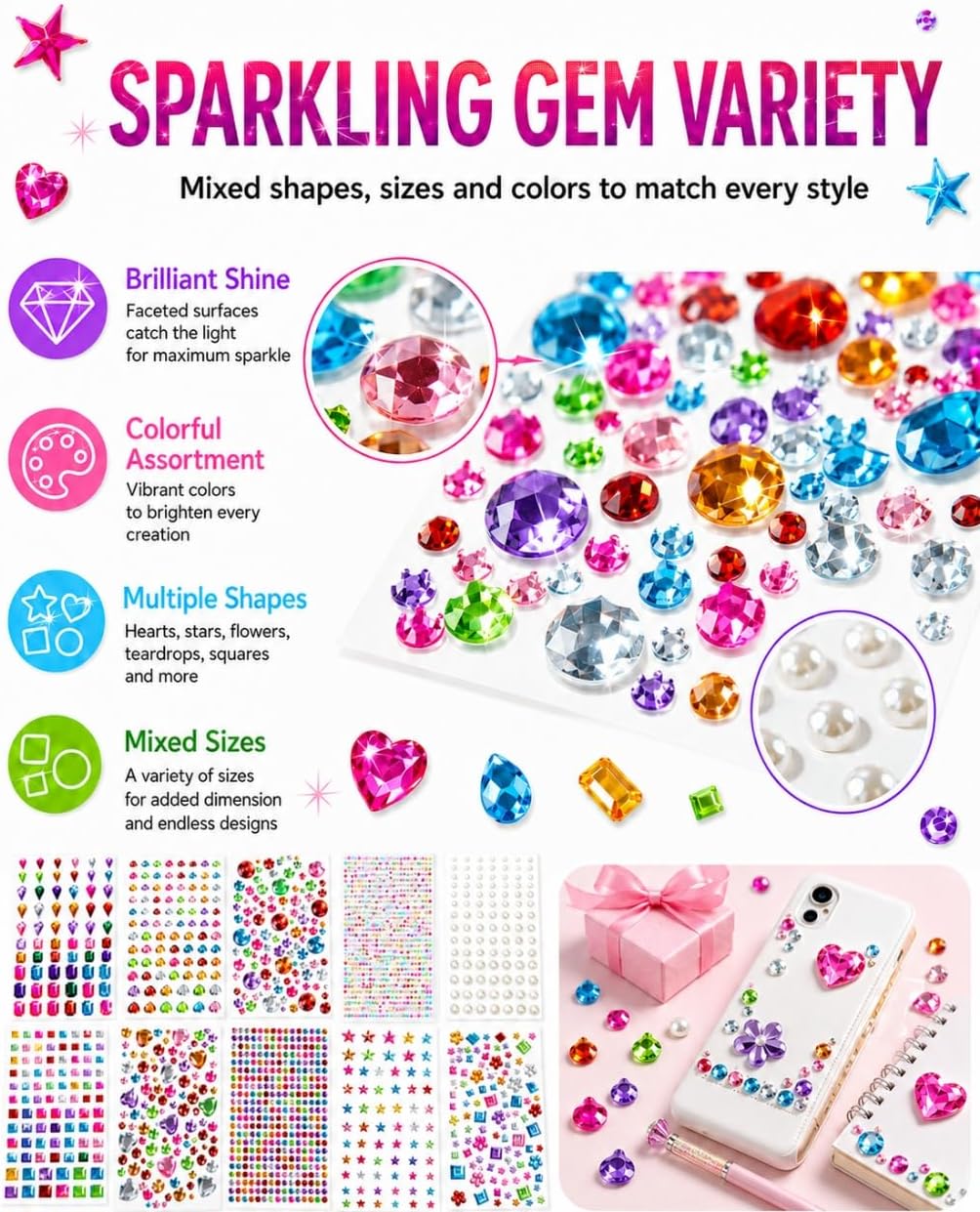 3062Pcs Gem Stickers-Self-Adhesive Face Jewelry Stickers, Acrylic Gems DIY Crafts, Sparkling Heart-Shaped Rhinestone, for Party & Holiday Supplies