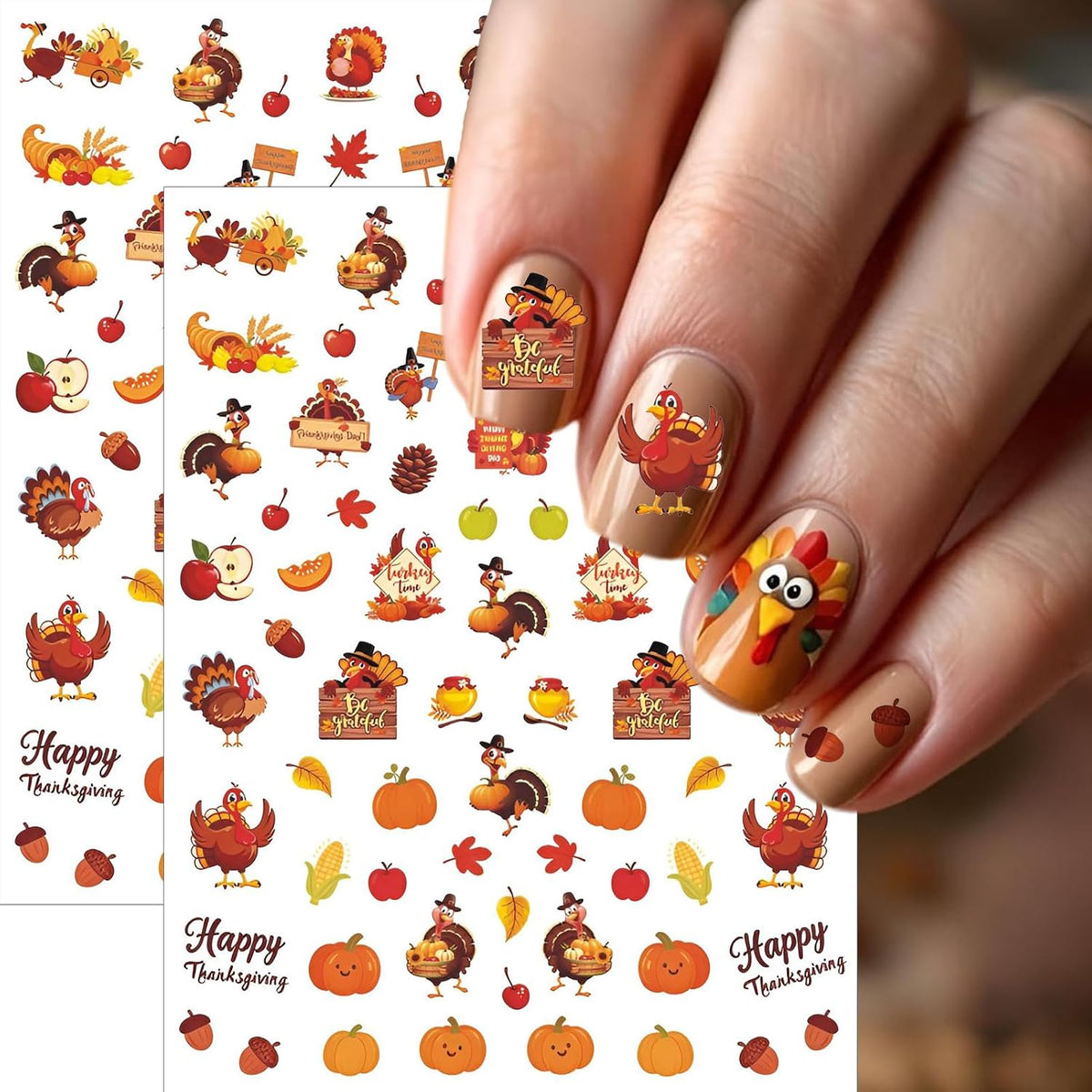4 Sheets Thanksgiving Nail Stickers, Fun Party Props Dessert Turkey Decals
