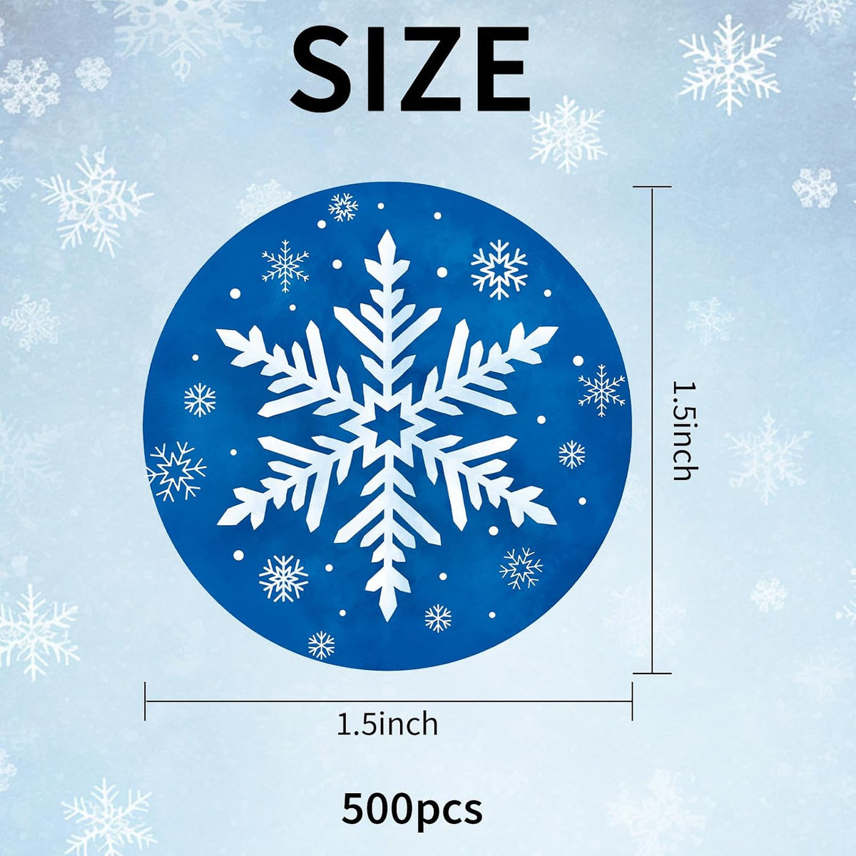 Winter Snowflake Label Stickers Roll, 1.5 inch 500 Pcs Christmas Round Stickers Blue with White Design for Holiday Cards Party Decor Craft Supplies