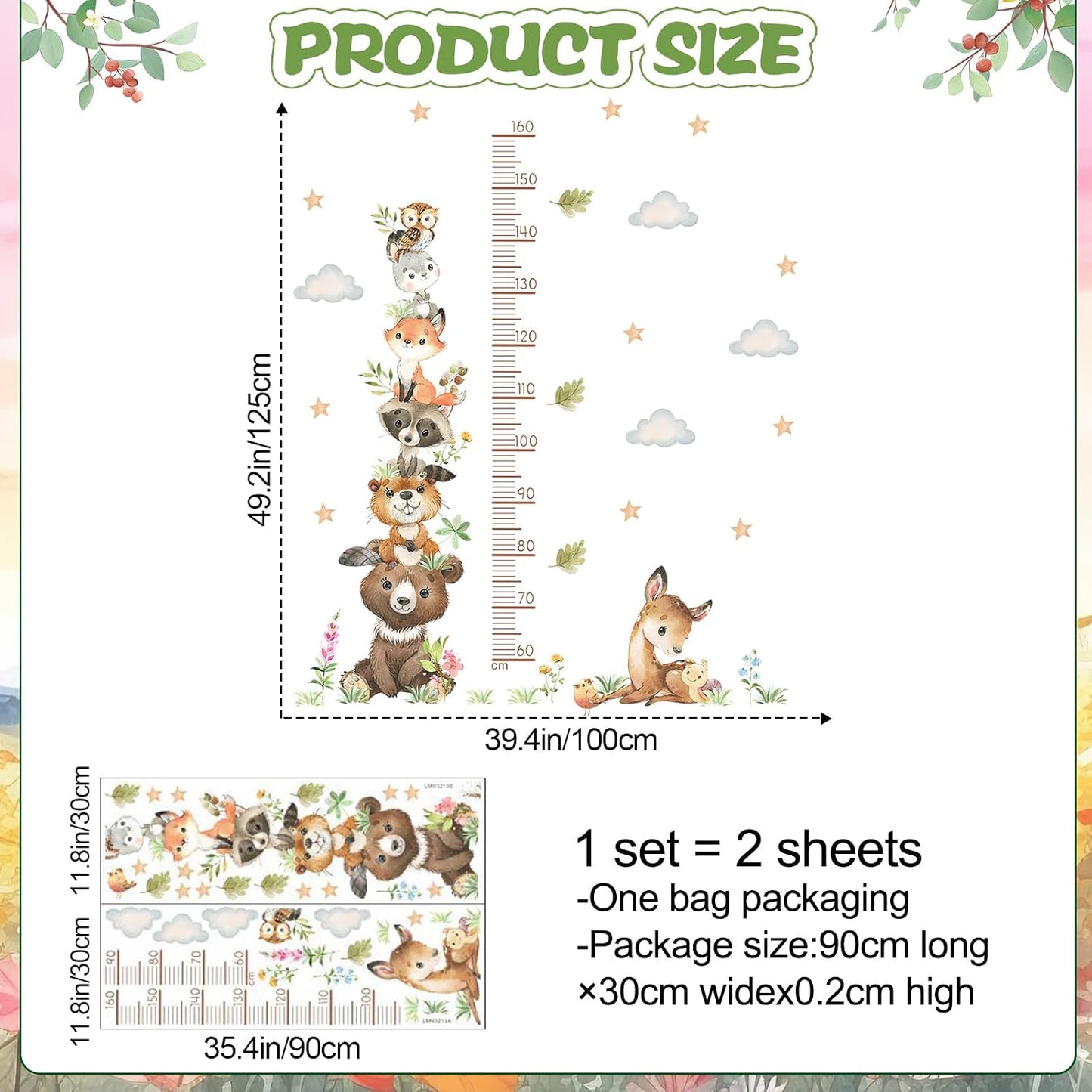 Cartoon Animal Height Growth Chart Wall Sticker for Kids Room Jungle Wild Animals Height Chart Measurement Wall Decals Removable White Clouds Star Garden Plants Grass Wall Murals for Kids Nursey Decor