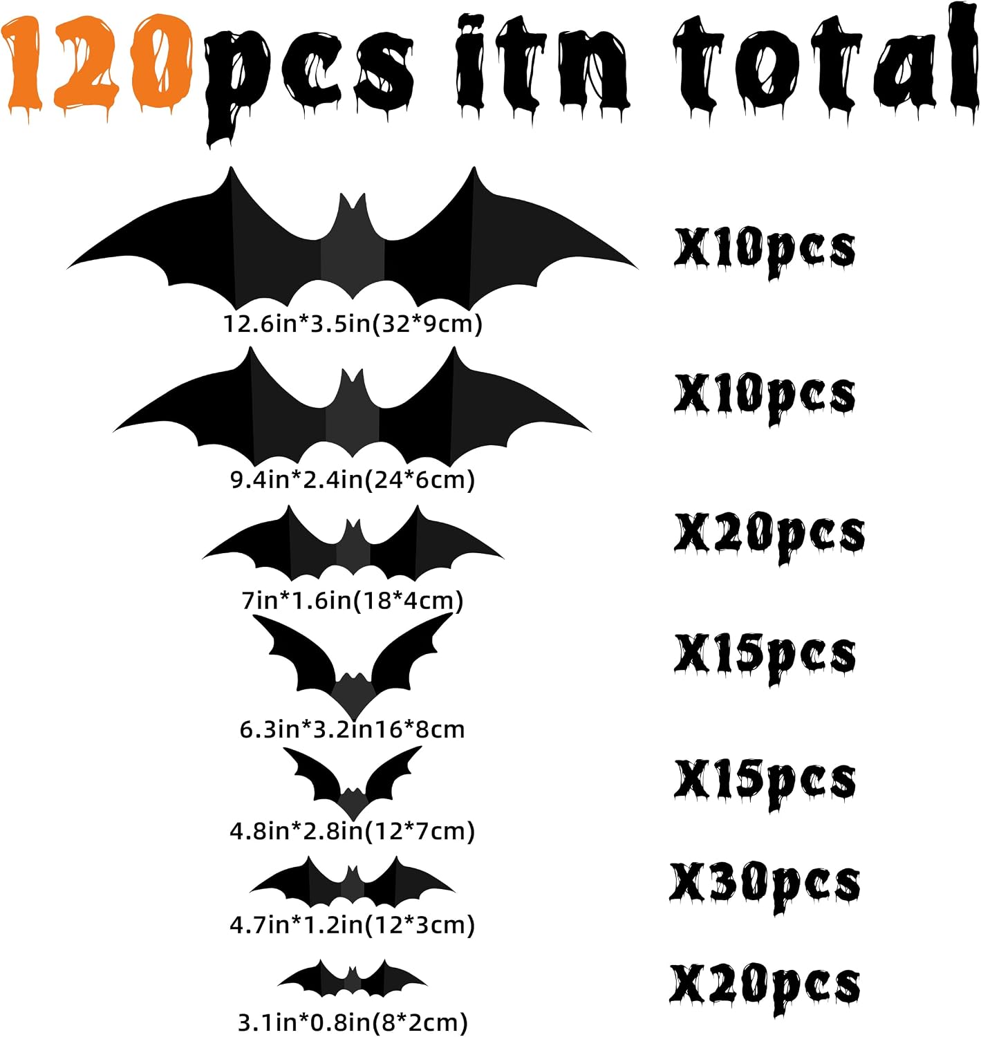 120Pcs 3D Bats Halloween Decorations Wall Decor Realistic PVC Bat Stickers