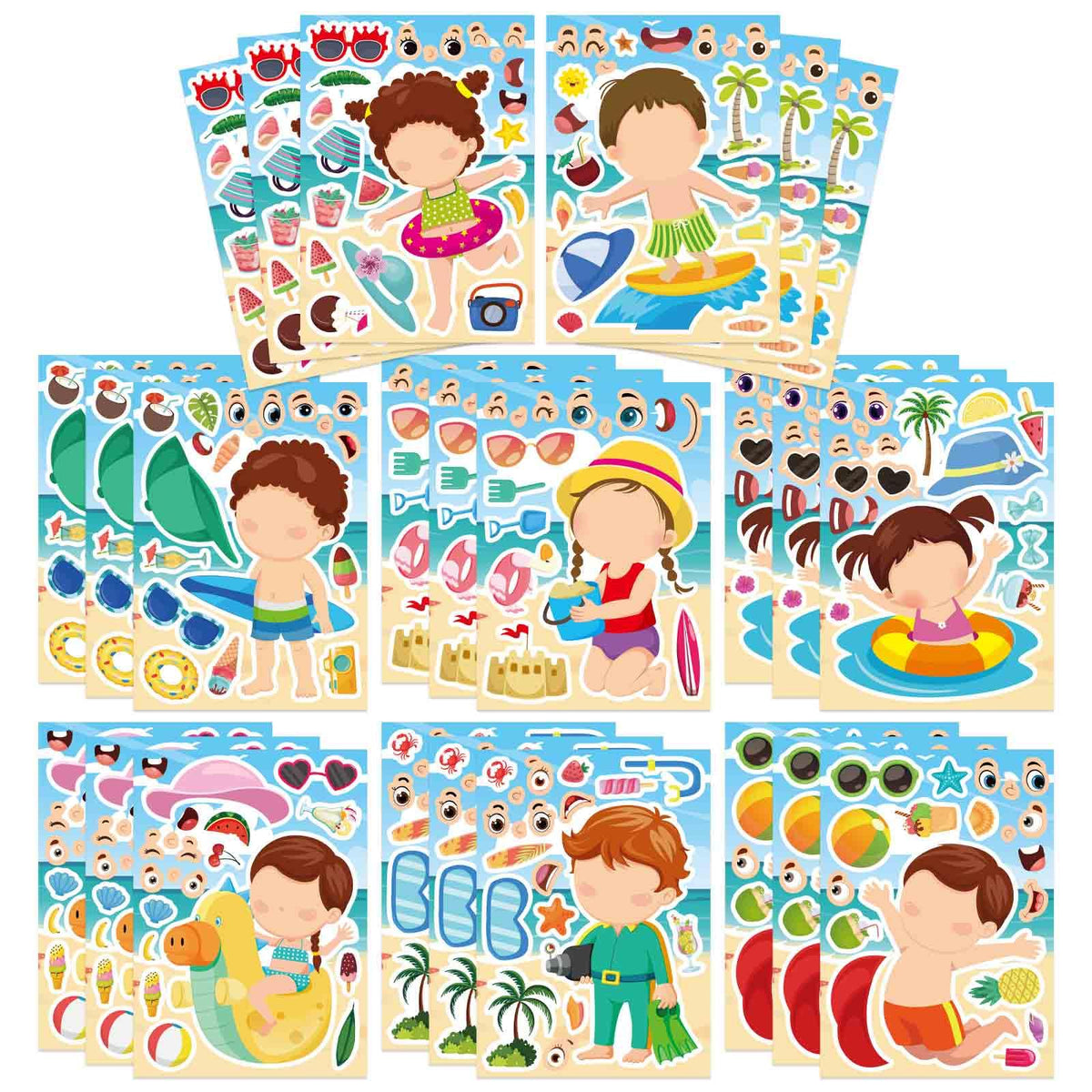 24PCS Summer Stickers for Kids, Make-a-face Stickers, Make Your Own Sticker
