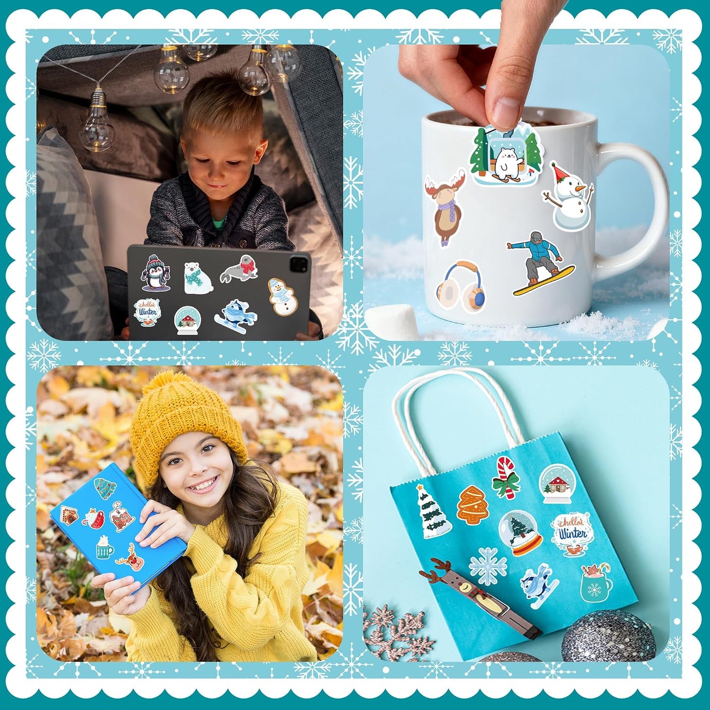 OHOME Winter Stickers | 100 PCS Snowflake Stickers for Kids - Vinyl Winter Games Toys Gifts Activities Party Favors Supplies - Snowman Crafts Bulk for Classroom Home