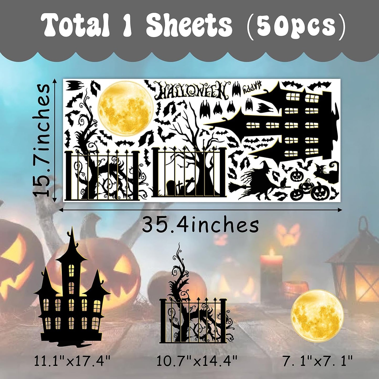 Halloween Moon Bat Wall Decals Witch Haunted House Tree Wall Stickers Decor
