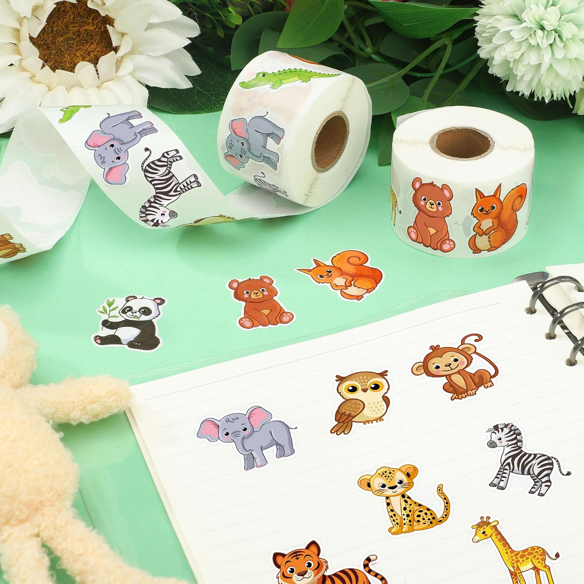 1200 Pcs Safari Animal Stickers Roll 1.5" Cartoon Jungle Animal Sticker Labels 16 Designs Self-Adhesive Cute Zoo Animals Incentive Decals for School Classroom Teacher Reward Envelopes Gift Party Decor