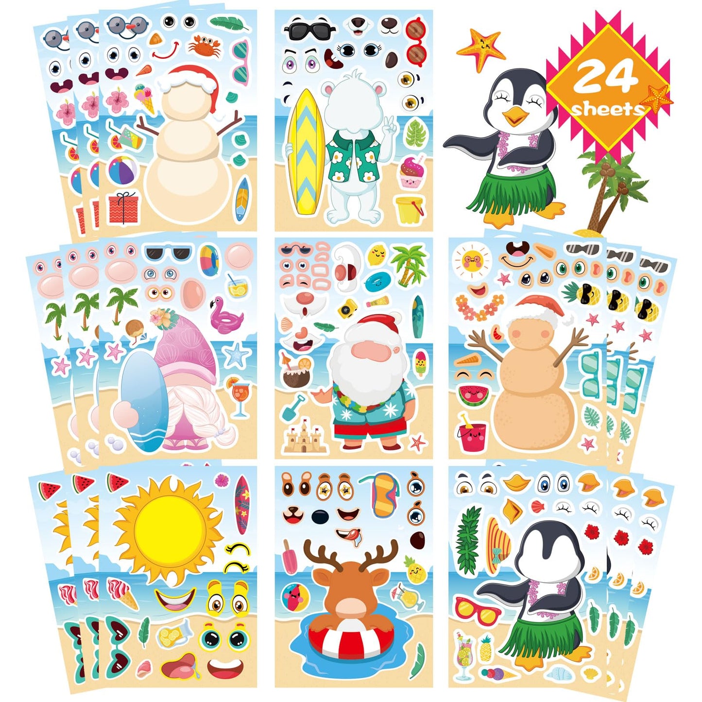 24PCS Summer Stickers for Kids, Make-a-face Stickers, Make Your Own Sticker