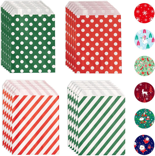 SIMSHOTUS 24 Pcs 5 x 7 Inches Christmas Treat Goodie Bags with 24 Pcs Seal Stickers,Christma Snack Bag,Kraft Paper Gift Bags for Holiday,Buffet Paper Bag,Holiday Christmas Party Favors