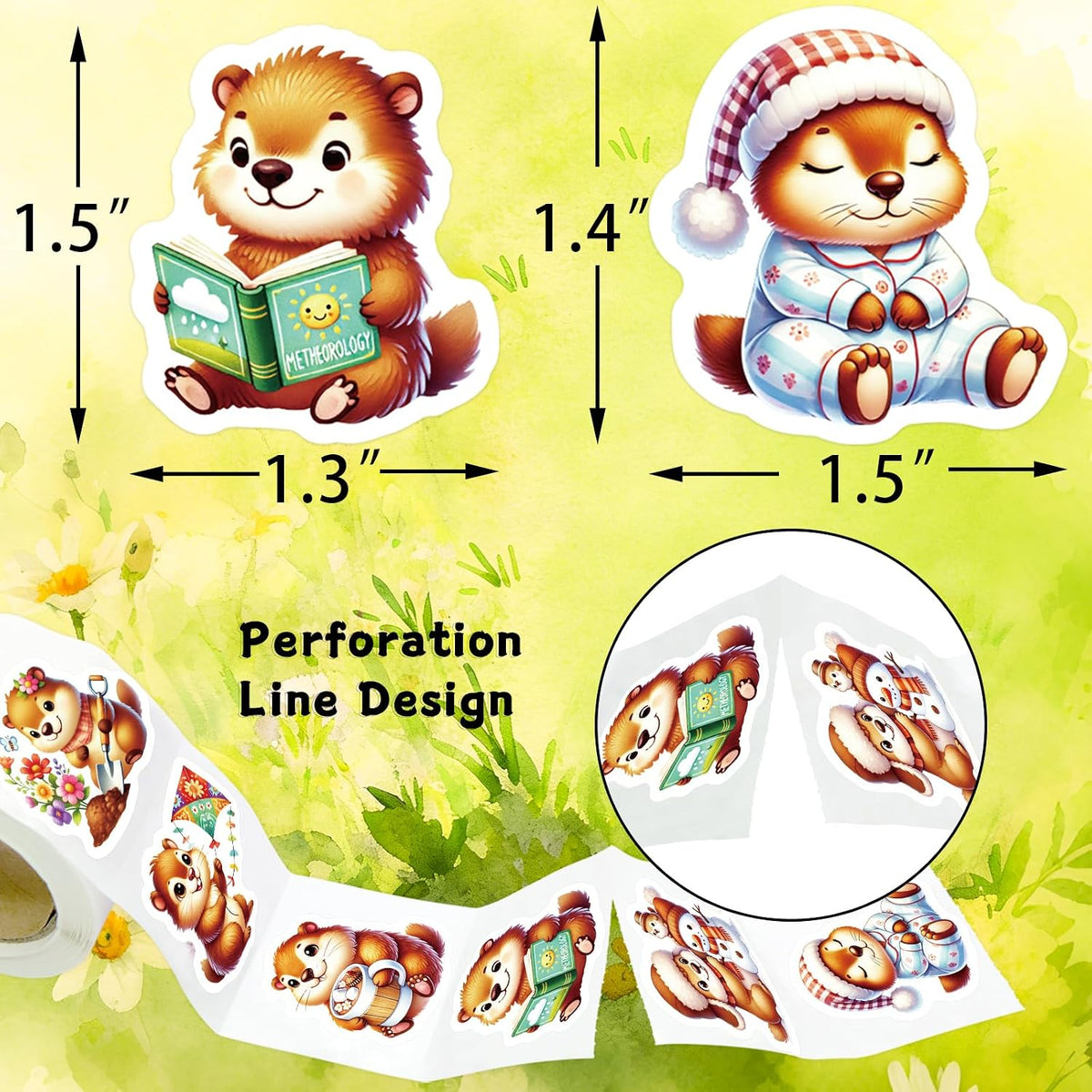 Fancy Land Groundhog Stickers Roll Happy Groundhog Day Sticker Decals Perforated for Spring Scrapbook Journal DIY Crafts Classroom Rewards Holiday Party Gift Bag Decorations 200Pcs
