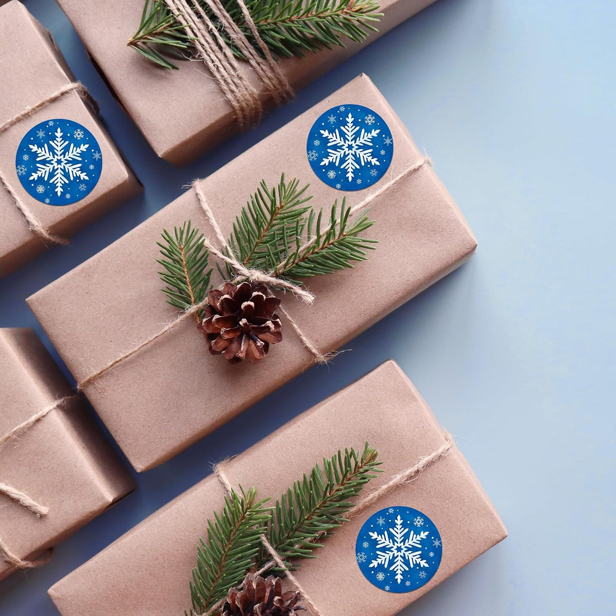 Winter Snowflake Label Stickers Roll, 1.5 inch 500 Pcs Christmas Round Stickers Blue with White Design for Holiday Cards Party Decor Craft Supplies