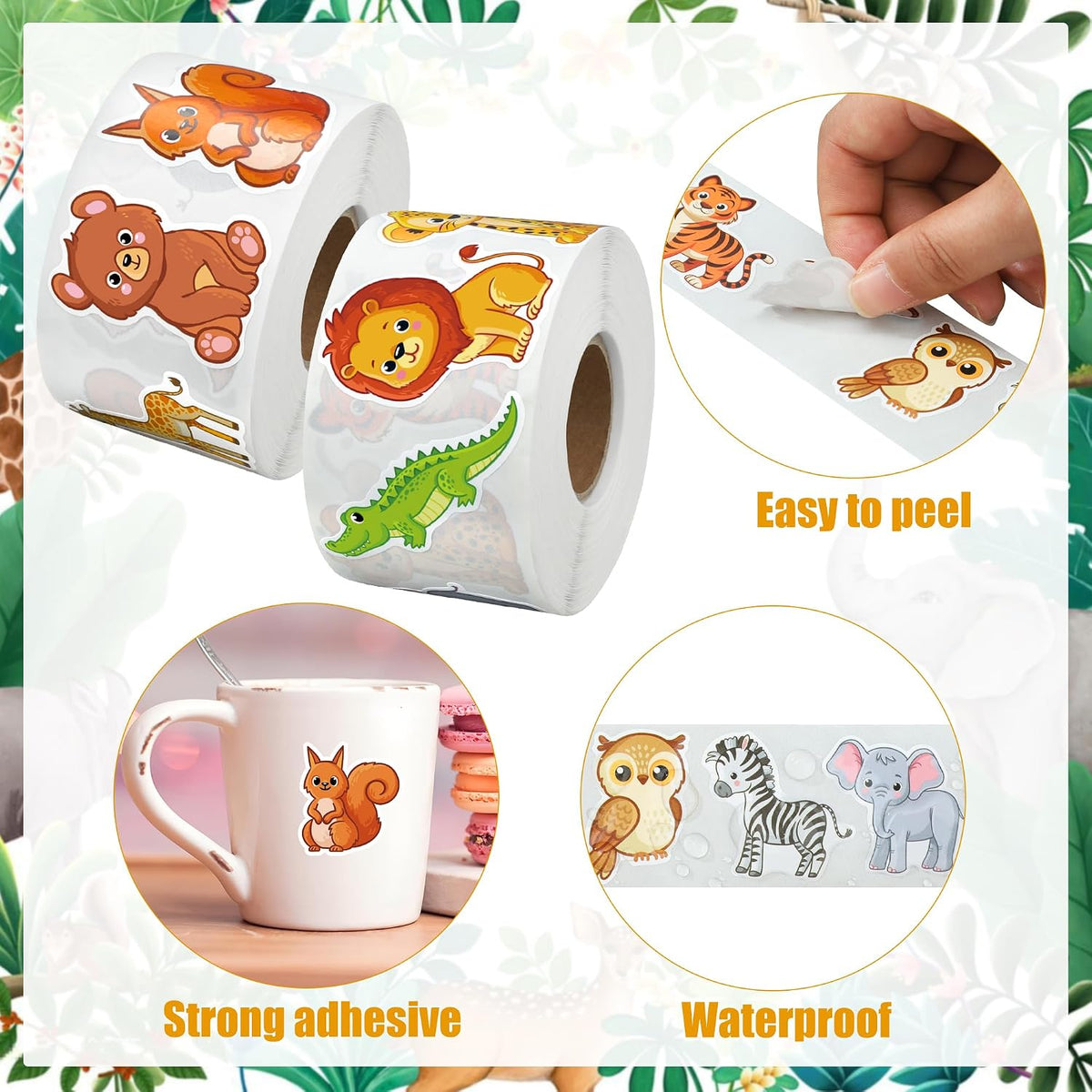 1200 Pcs Safari Animal Stickers Roll 1.5" Cartoon Jungle Animal Sticker Labels 16 Designs Self-Adhesive Cute Zoo Animals Incentive Decals for School Classroom Teacher Reward Envelopes Gift Party Decor