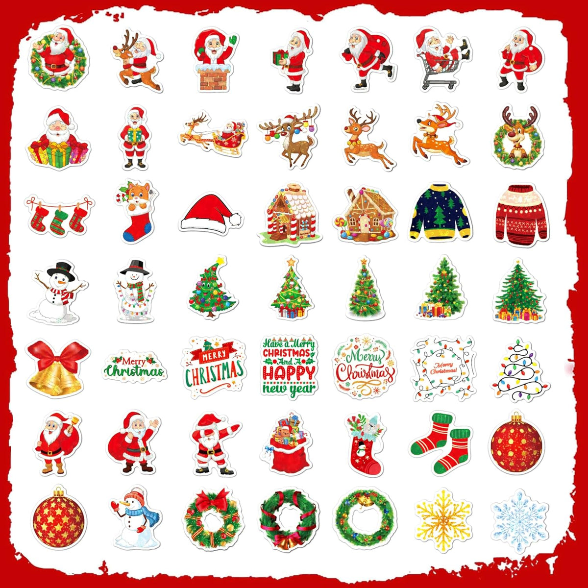 100 Non-Repeating Glitter Christmas Stickers, Assorted Vinyl Waterproof Holographic Winter Holiday Stickers for Christmas Decorations Envelopes Cards Sealing Craft Party Favors