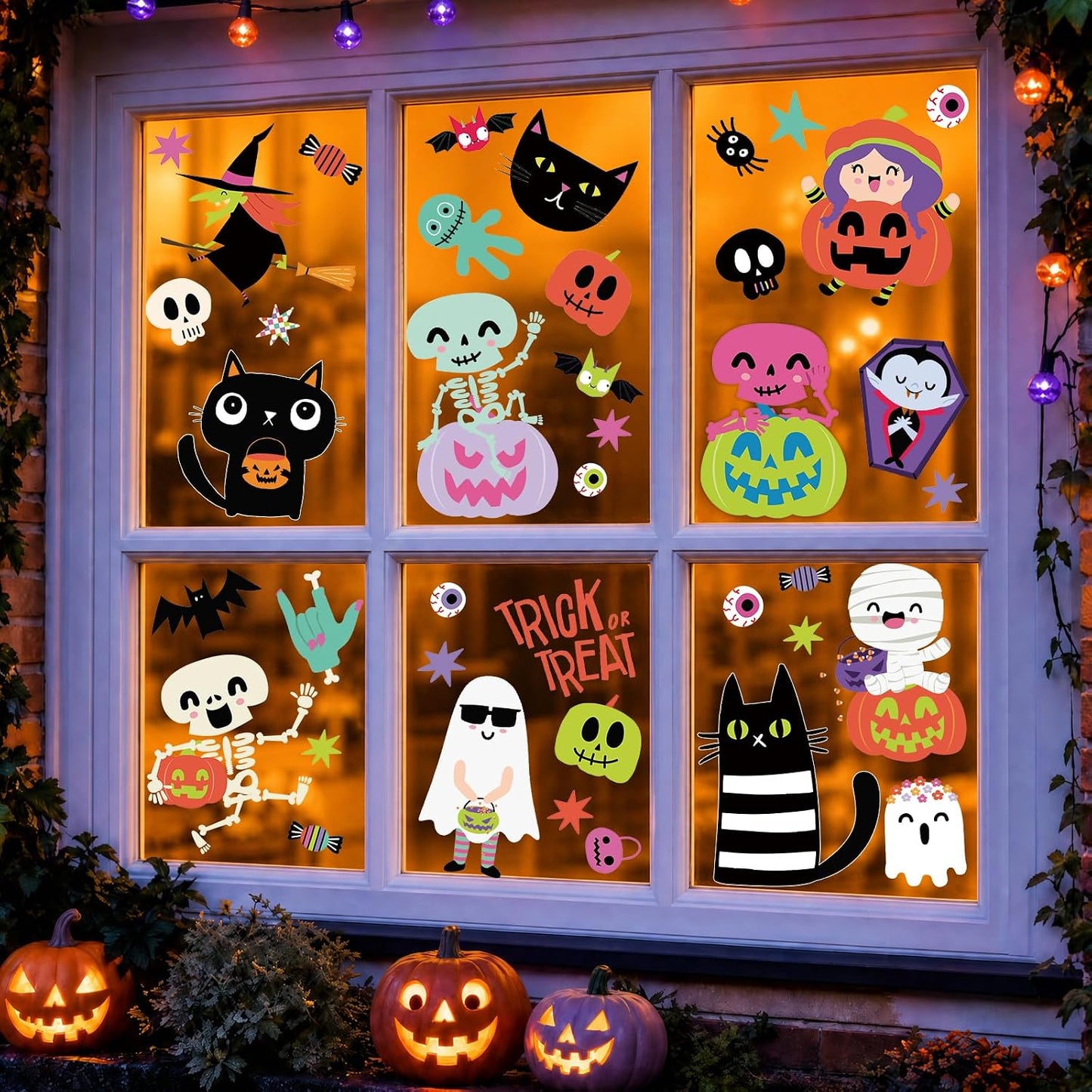 9 Sheet Halloween Window Clings for Kids, Ghost Skeleton Bat Stickers Decor