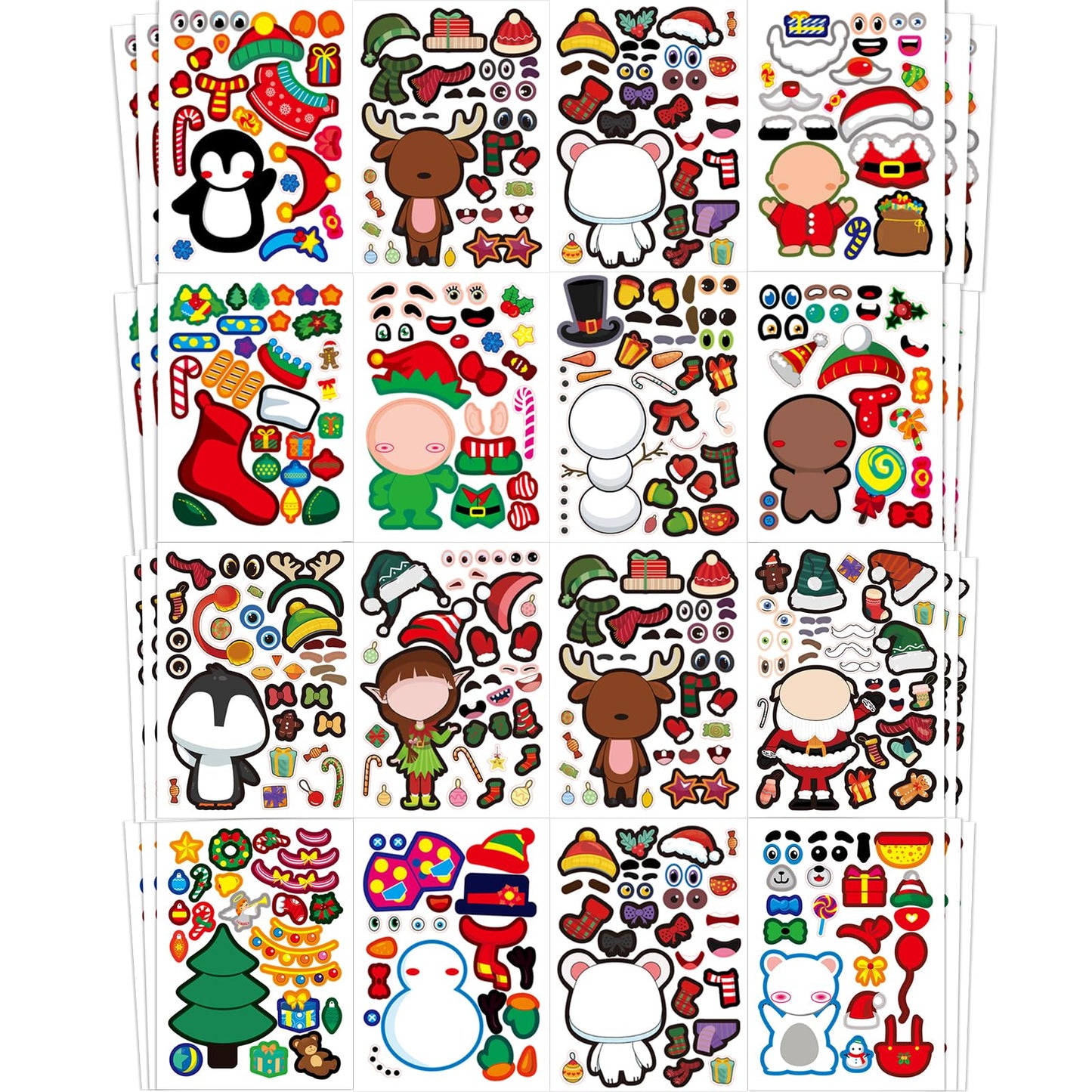 Aowplc Christmas Stickers 64 Sheets Make Your Own Christmas Characters Stickers for Kids Holiday Party Favors Crafts Activities Supplies
