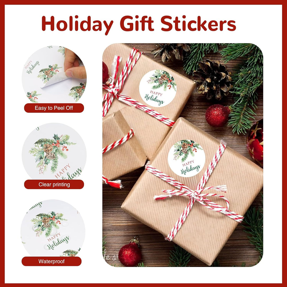 G2PLUS Happy Holiday Stickers - 120 Pcs Christmas Holiday Stickers, 2'' Round Xmas Holly Berry Labels Winter Seasonal Envelopes Seals