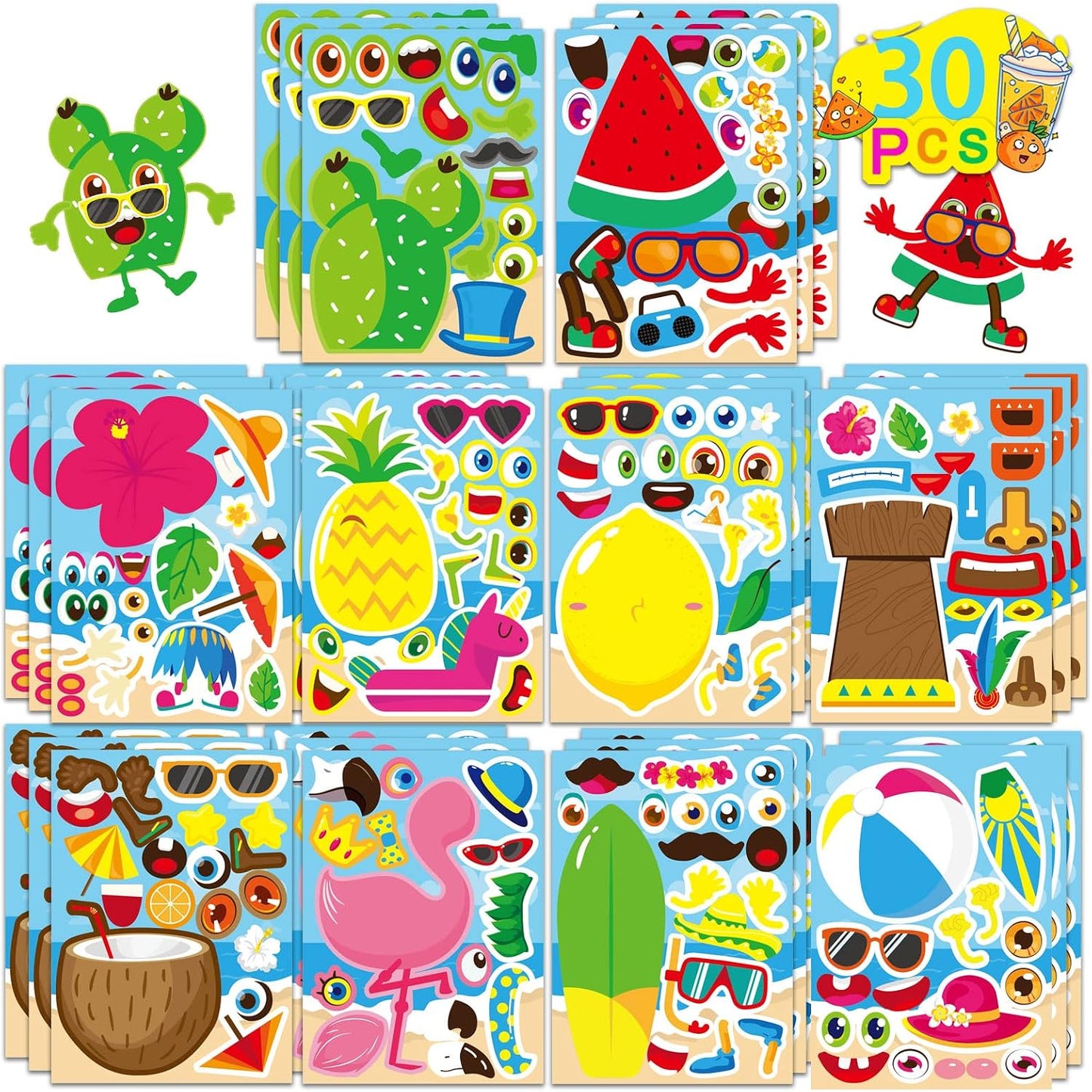 30 Sheets Hawaii Make a Face Sticker Summer Pool Beach Stickers for Kids Make Your Own Watermelon Pineapple Flamingo Stickers for Tropical Luau Craft Party Decor Sticker Summer Holiday Party Favors