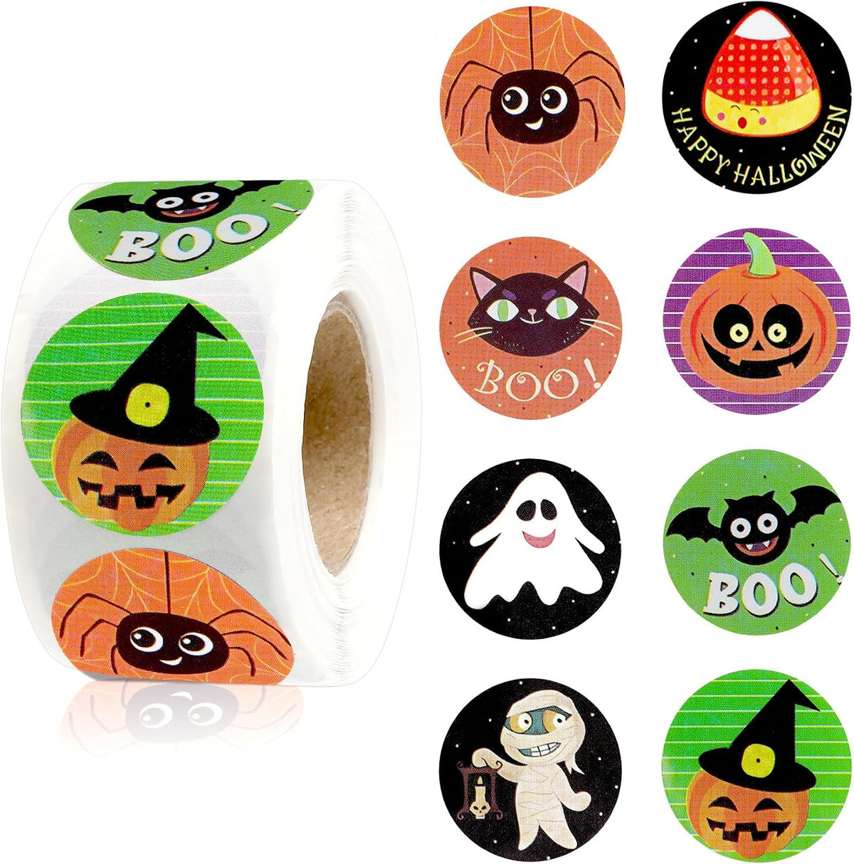 Halloween Stickers for Adults, 500PCS Round Happy Halloween Roll, Self Adhesive Spider Pumpkin Bat Seals Label Sticker Decals for Cards Gift Envelopes Crafts Holiday Halloween Party Favors Decorations