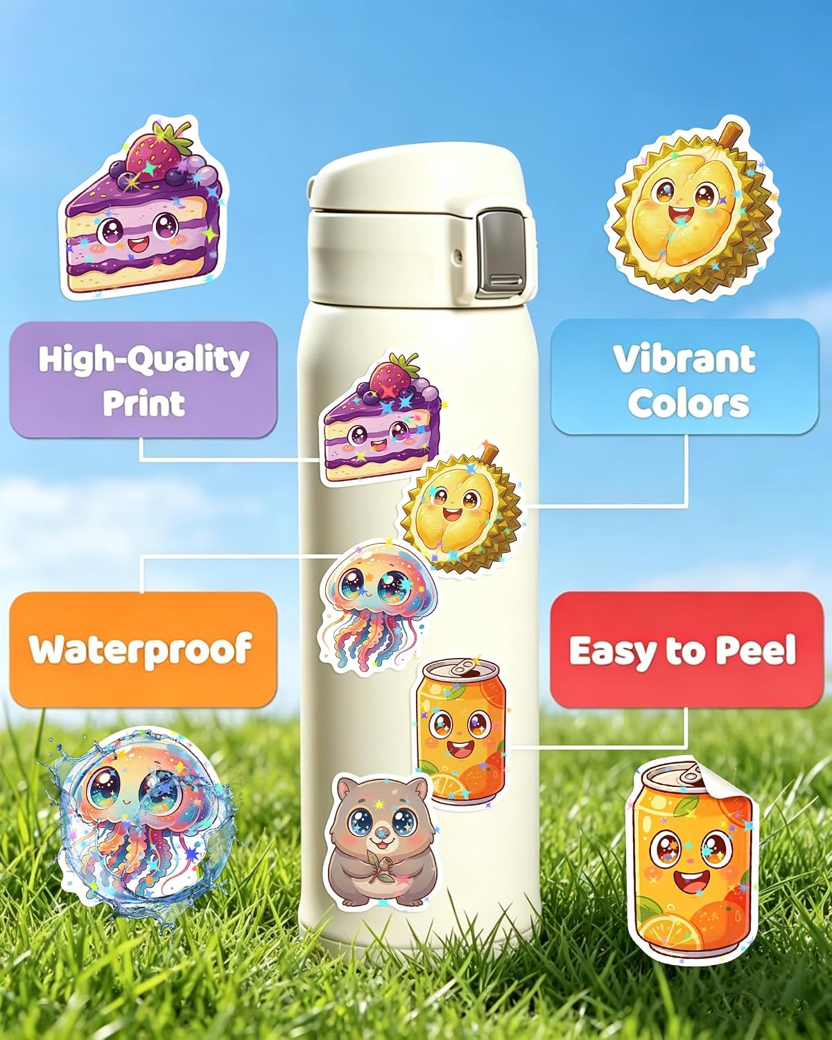 200PCS Cute Big Eye Stickers for Kids, Waterproof Kawaii Mixed All Big Eye Animal Plant and Food Vinyl Scrapbook Stickers for Water Bottle, Stationery, Luggage, Kids Party Essentials