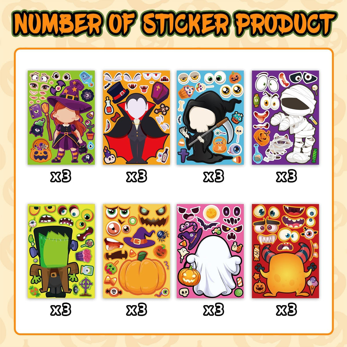 Halloween Stickers for Crafts, Make A Face Sticker, 24 Sheets