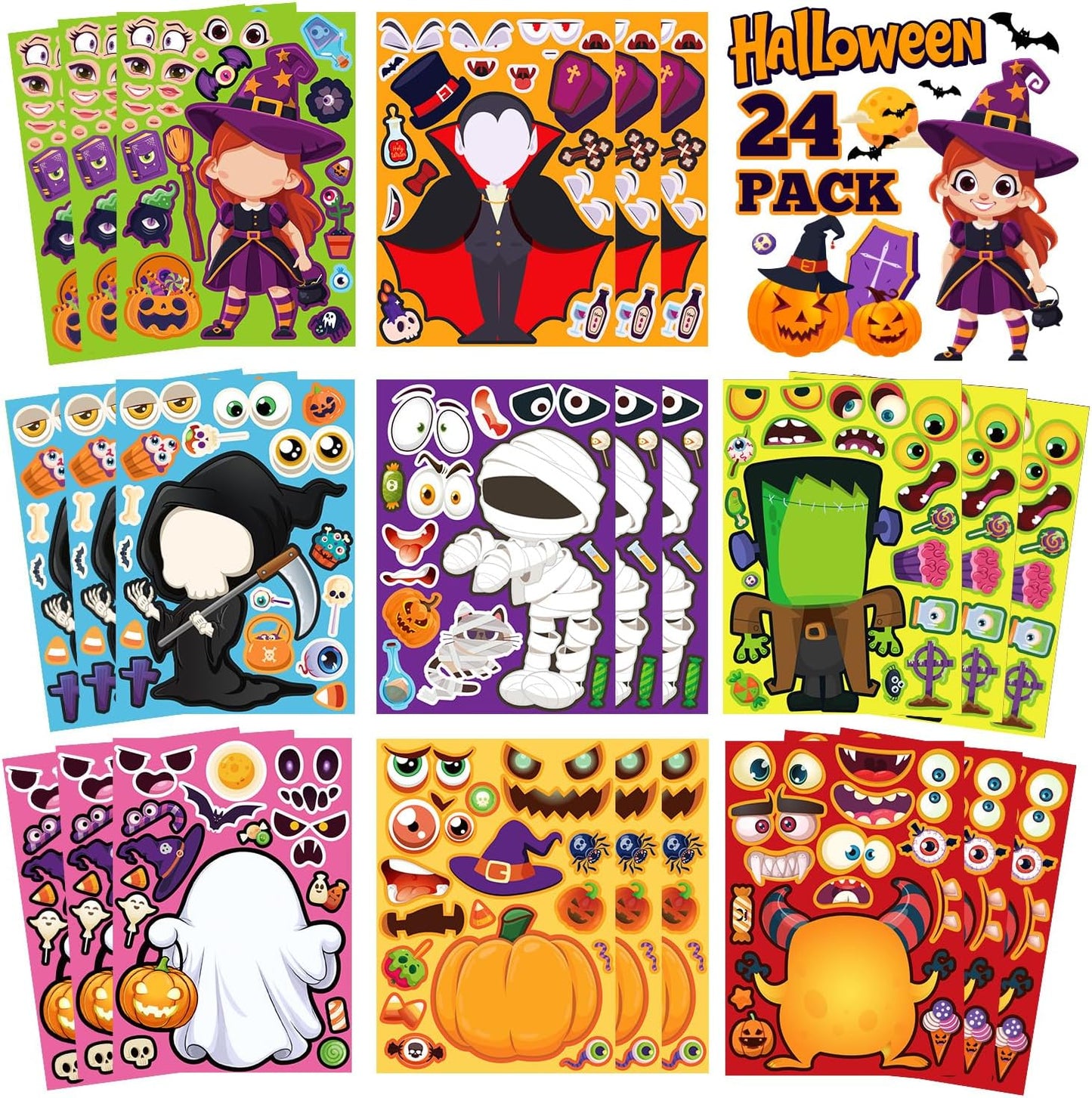 Halloween Stickers for Crafts, Make A Face Sticker, 24 Sheets