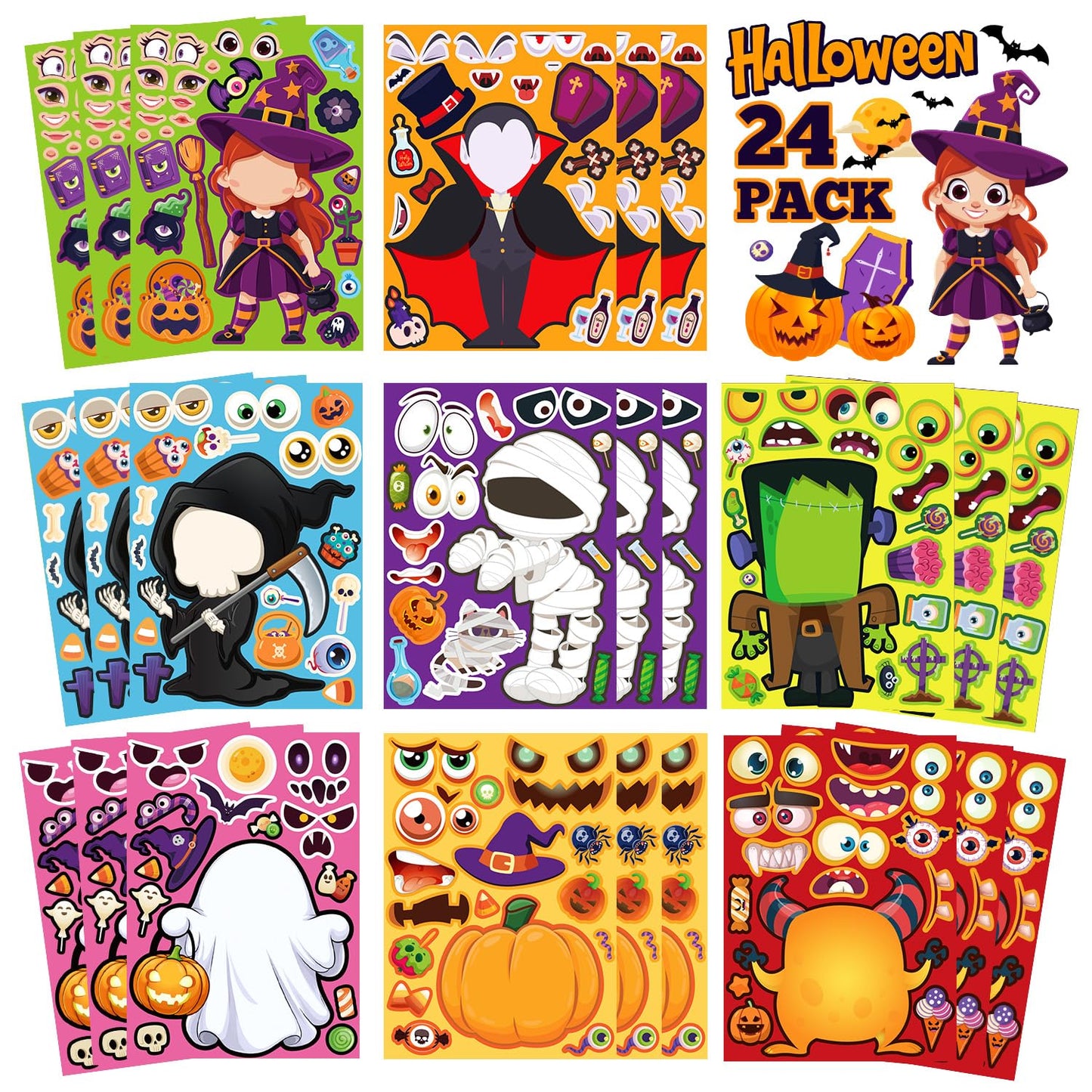 Halloween Stickers for Crafts, Make A Face Sticker, 24 Sheets