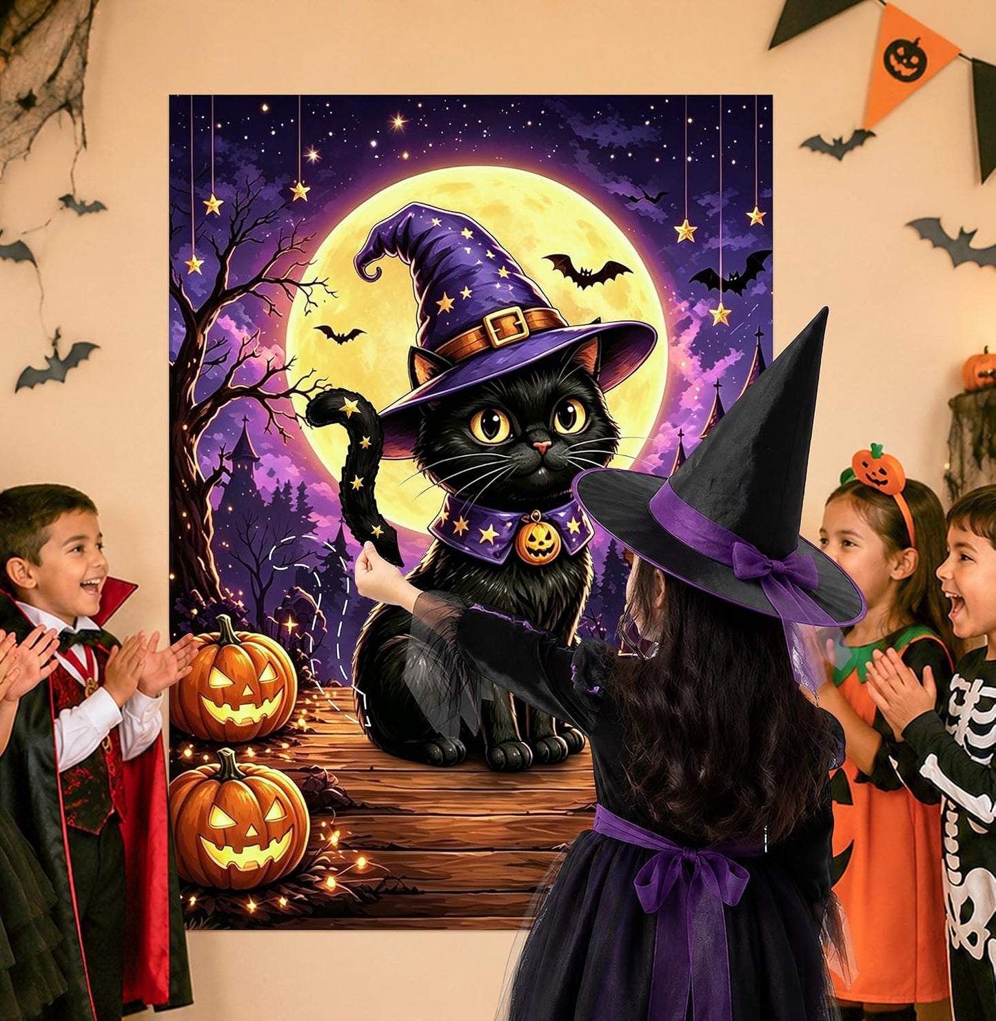 Halloween Pin the Tail On the Black Cat Party Game Poster for Kids