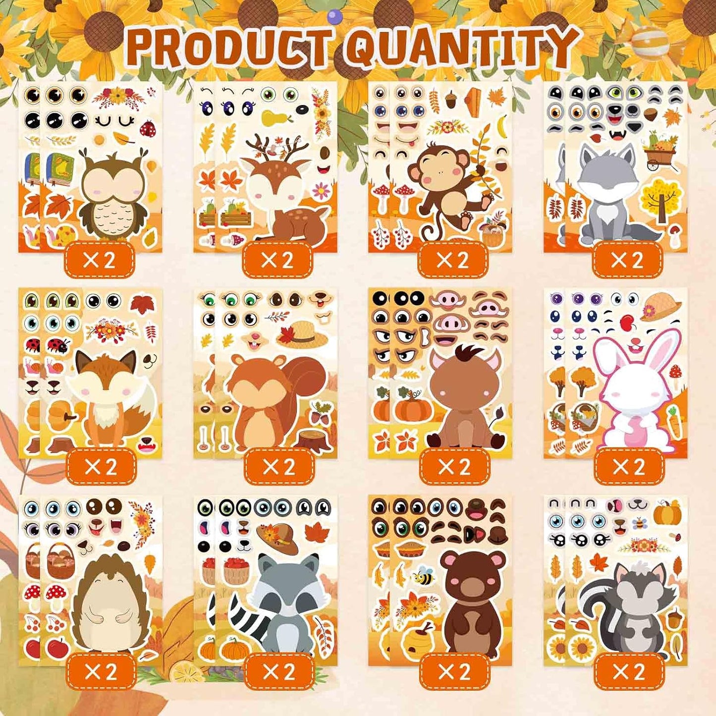 Fall Stickers for Kids Toddlers, Autum Animal Stickers Make-a-face Sticker