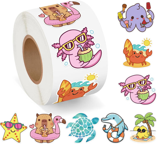 500Pcs Summer Animal Stickers Roll Cute Cartoon Capybara Sea Trutle Self Adhesive Labels Teacher Rewards Scrapbooking Envelope Seals Hawaiian Tropical Holiday Party Favors DIY Crafts Gifts for Kids