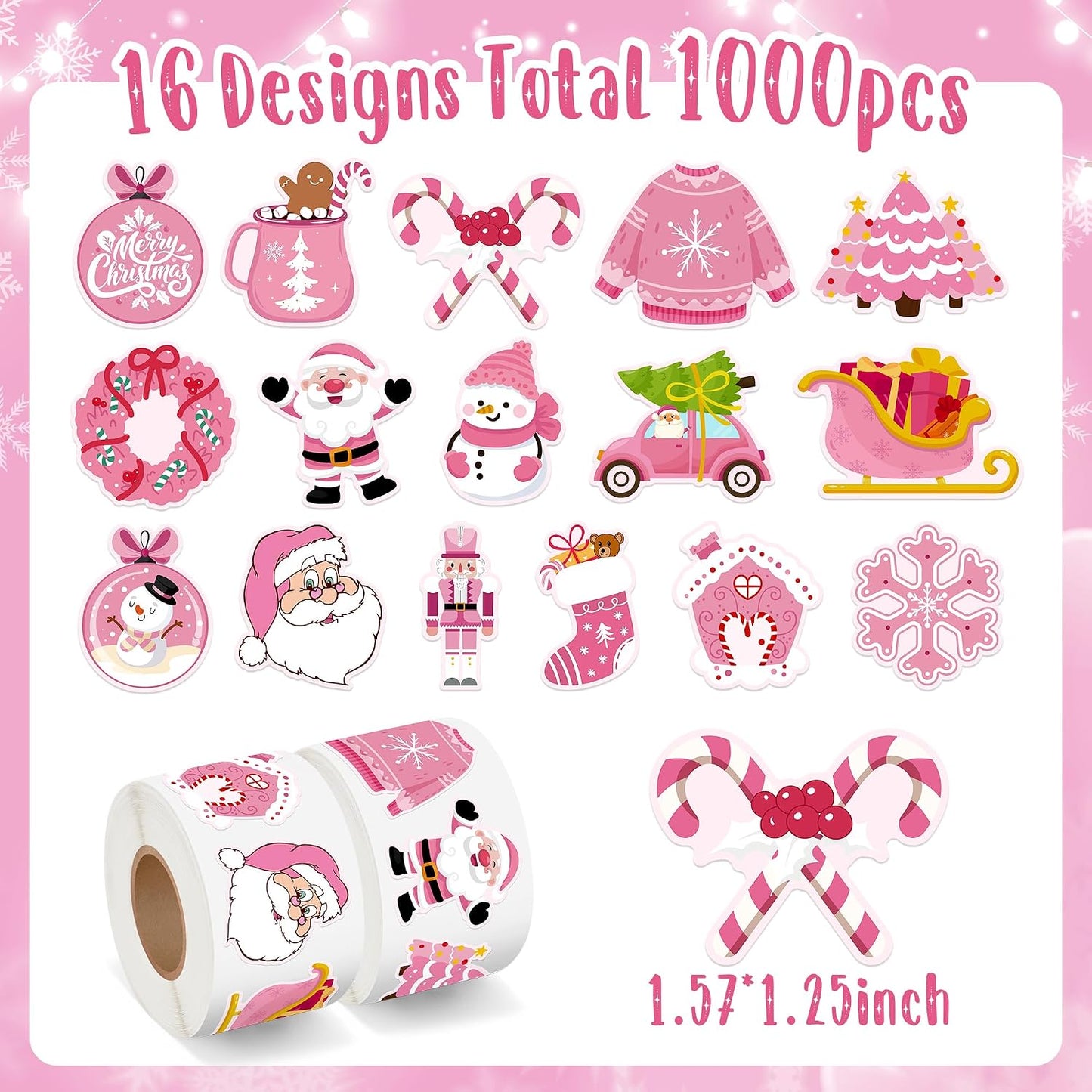 1000Pcs Pink Christmas Stickers Rolls Xmas Tree Santa Claus Nutcracker Snowman Self-Adhesive Decals Winter Wonderland Festive Holiday Party Favors DIY Crafts Gift Bottles Scrapbook Decor, 16 Designs