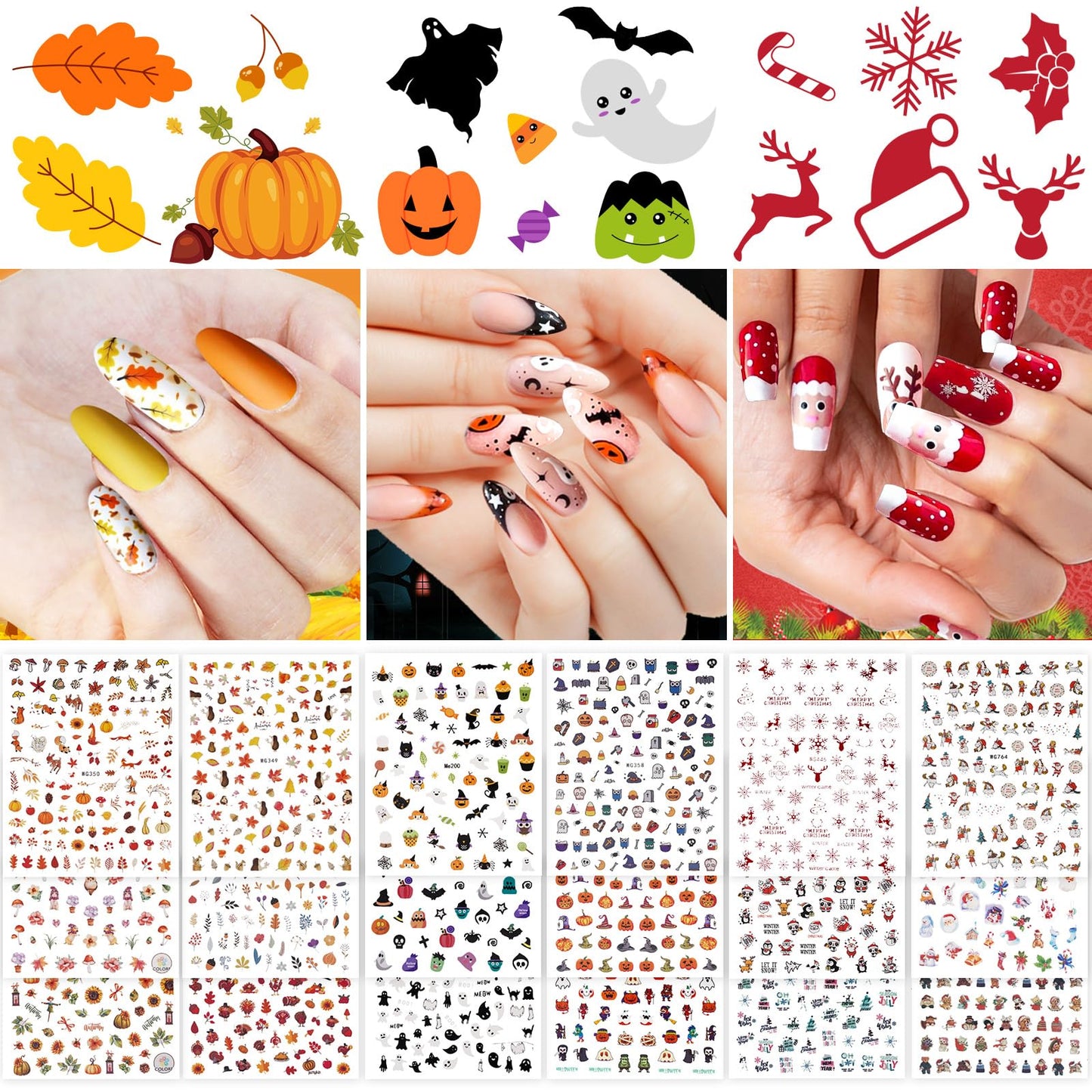 Whaline 18 Sheets All Season Nail Art Stickers Easter St. Patrick's All Holiday Valentine's Day Fall Halloween Winter Christmas 4th of July Self-Adhesive Nail Decals for DIY Manicure Party Decor