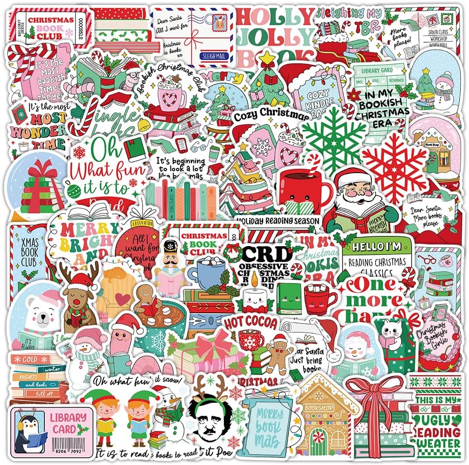 107Pcs Christmas Bookish Stickers Pack, Xmas Waterproof Vinyl Holiday Decals for Kindle, Water Bottles, Laptop, Cards, Scrapbook, Journal, Reading Gifts, Book Lover Gifts, Christmas Party Favors