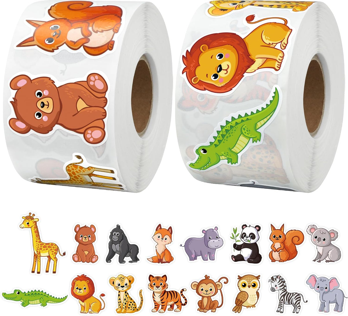 1200 Pcs Safari Animal Stickers Roll 1.5" Cartoon Jungle Animal Sticker Labels 16 Designs Self-Adhesive Cute Zoo Animals Incentive Decals for School Classroom Teacher Reward Envelopes Gift Party Decor