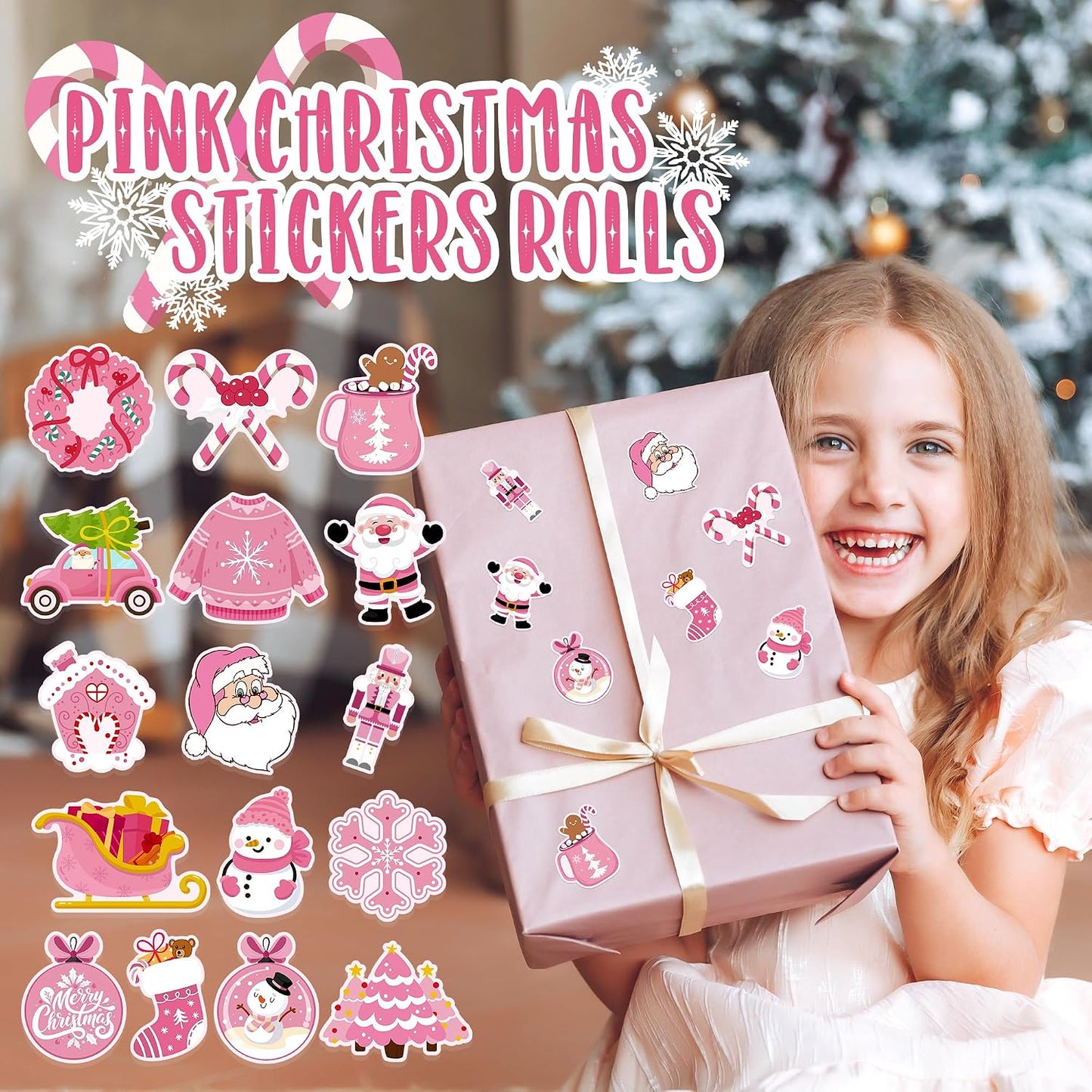 1000Pcs Pink Christmas Stickers Rolls Xmas Tree Santa Claus Nutcracker Snowman Self-Adhesive Decals Winter Wonderland Festive Holiday Party Favors DIY Crafts Gift Bottles Scrapbook Decor, 16 Designs