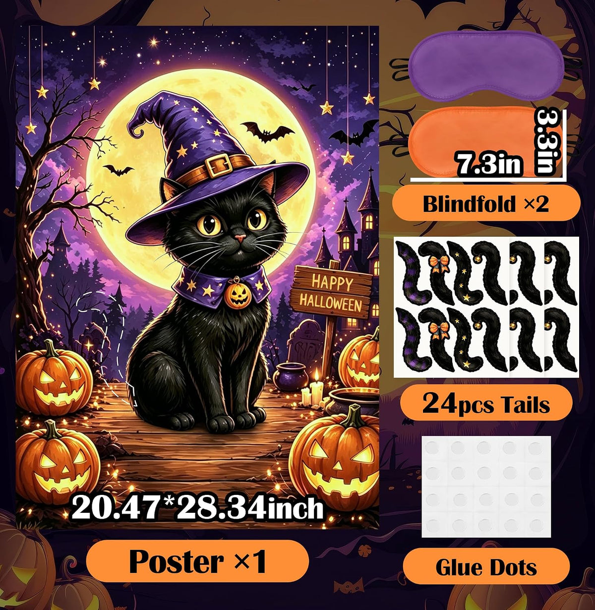 Halloween Pin the Tail On the Black Cat Party Game Poster for Kids