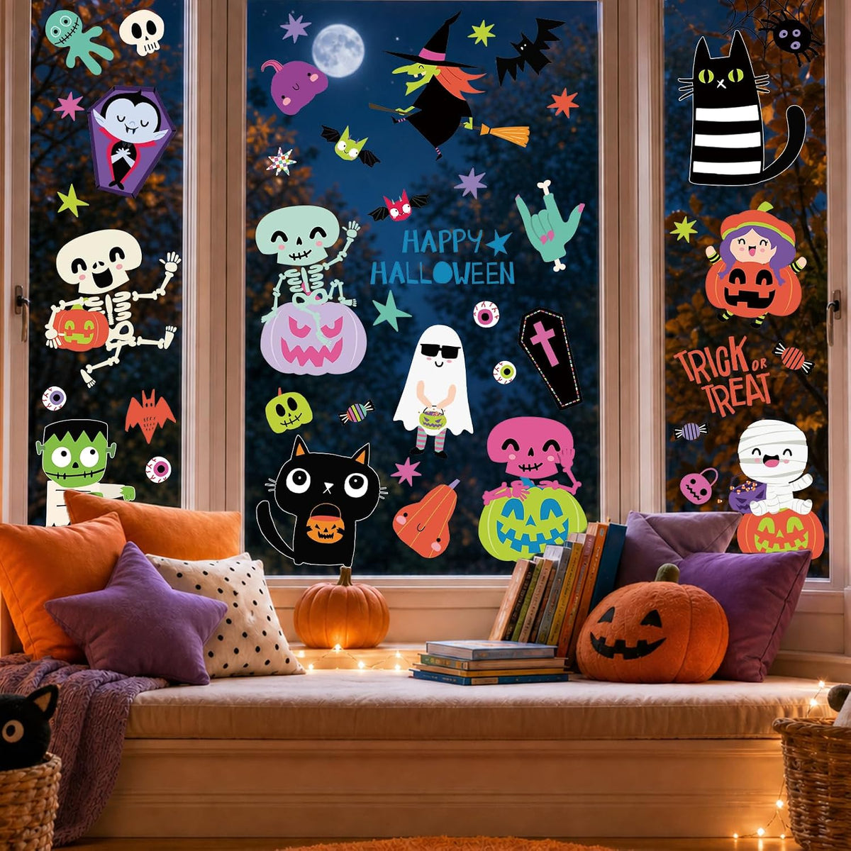 9 Sheet Halloween Window Clings for Kids, Ghost Skeleton Bat Stickers Decor