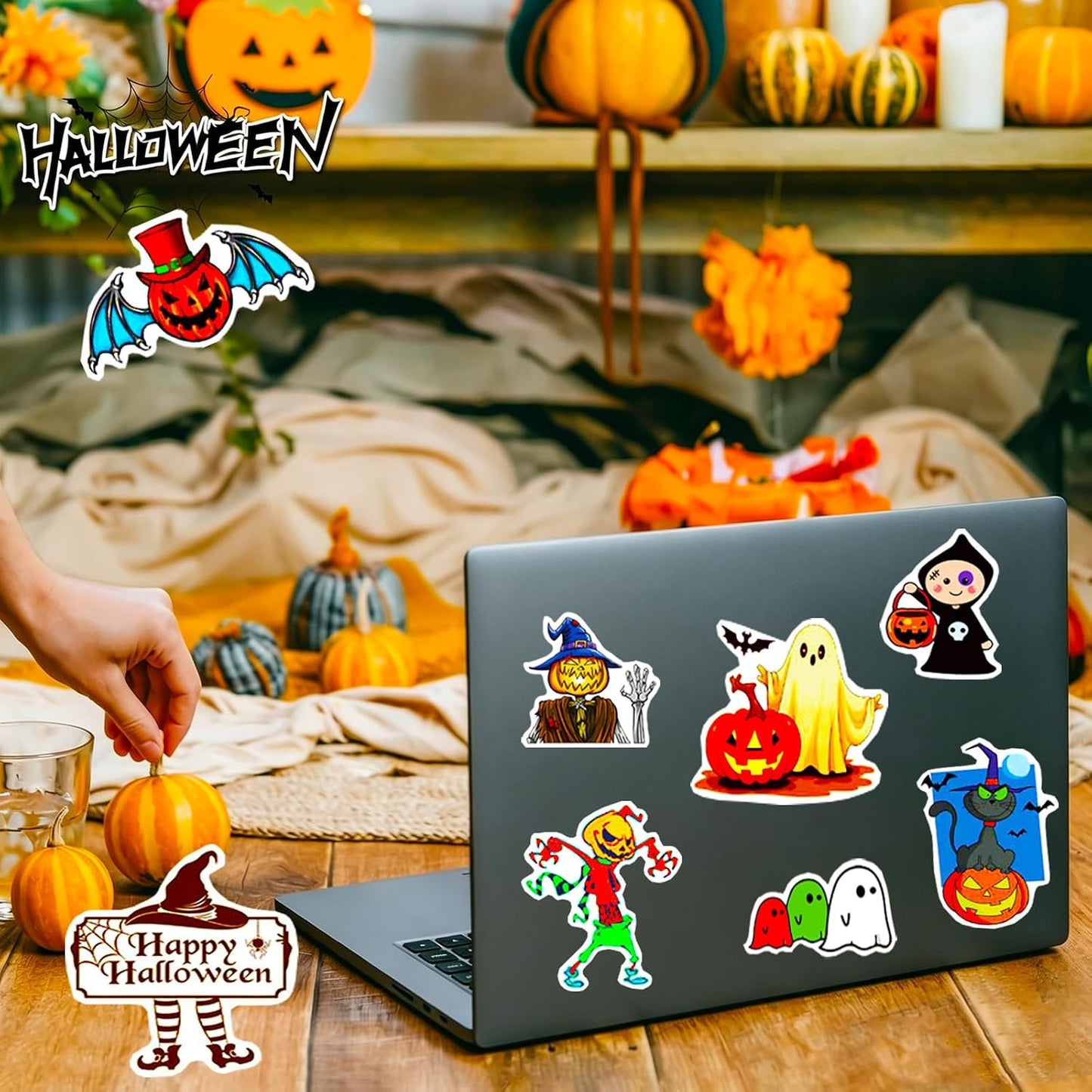 Halloween Stickers, 100Pcs Halloween Pumpkin Theme Stickers Bulk, Vinyl Waterproof Halloween Holiday Party Sticker, Halloween Holiday Gifts for Kids Teens Adults