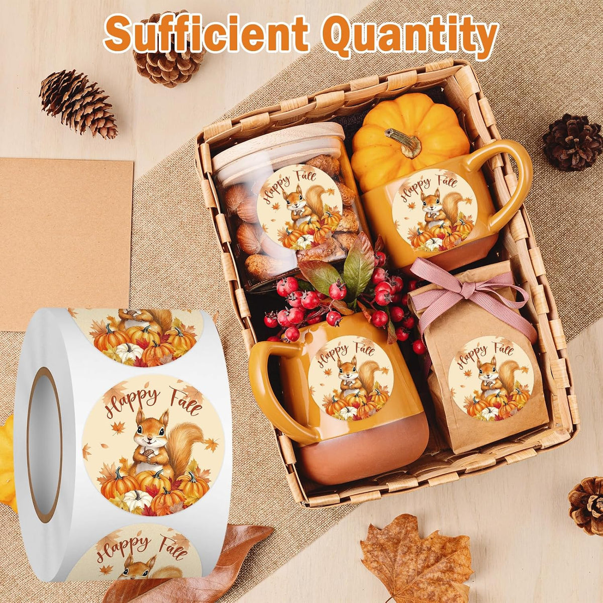 Louise Maelys 500 Pcs Happy Fall Stickers, 1.5Inch Autumn Squirrel Stickers