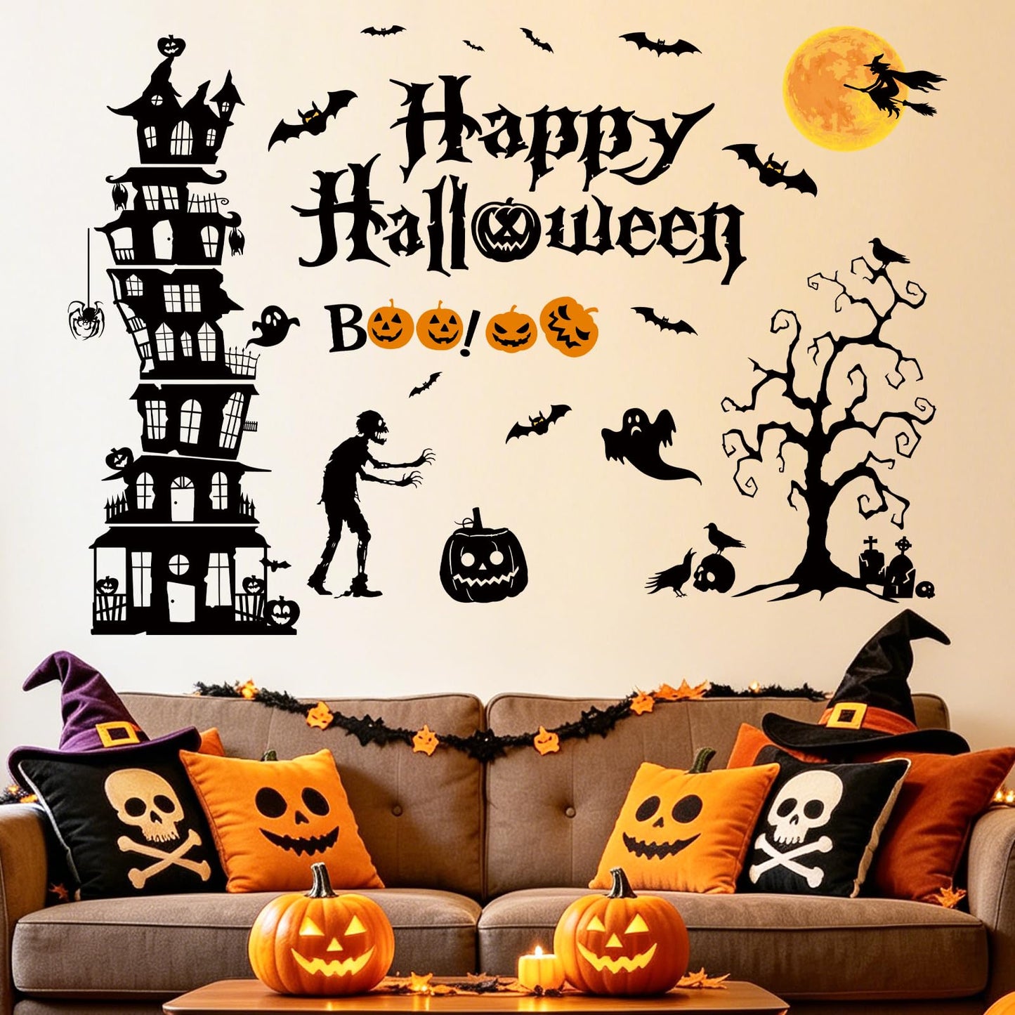 SHUCHING Halloween Black Castle Wall Decal, Bat Pumpkin Wall Sticker