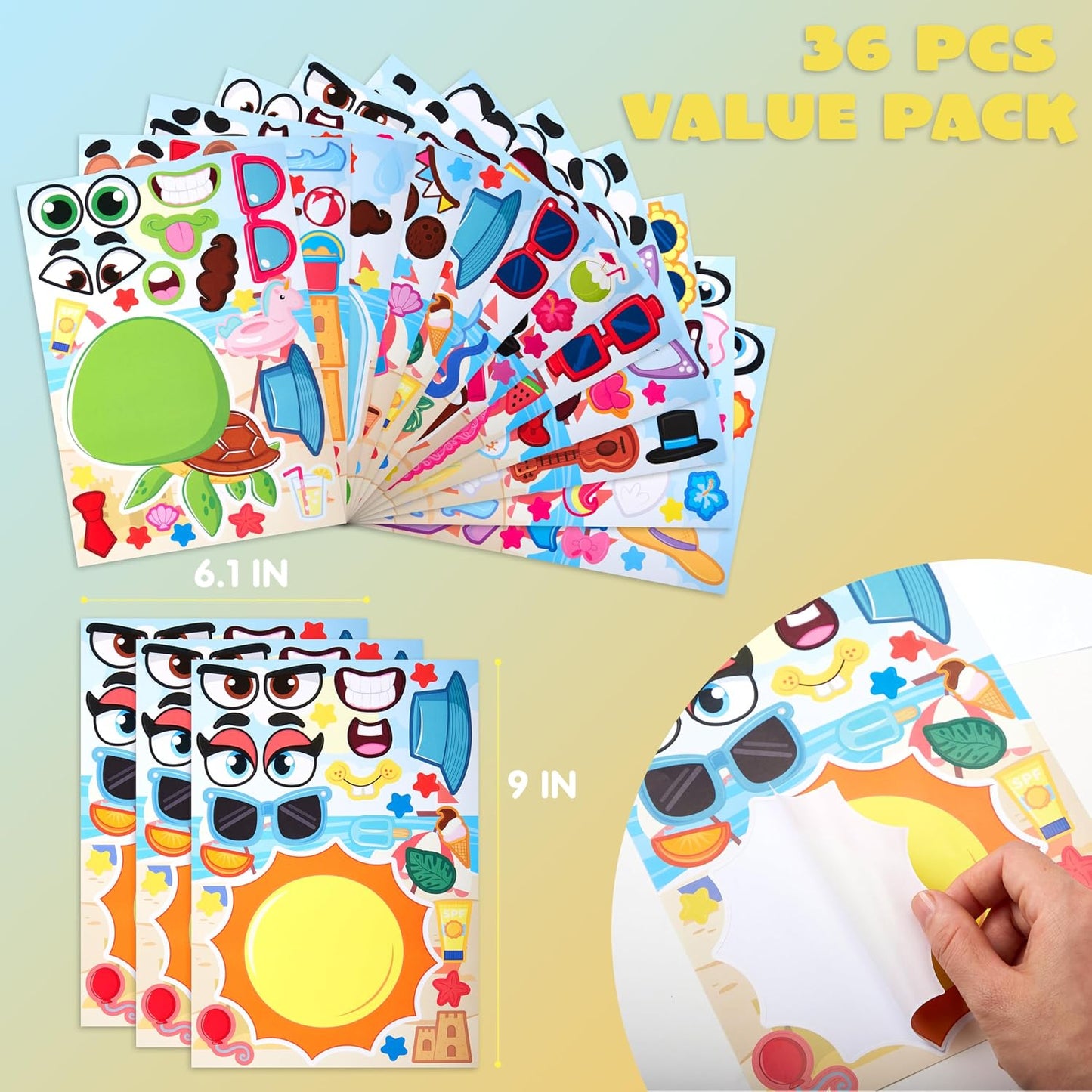 JOYIN 36 Pcs 9"x6" Summer Make a face Stickers for Kids, Make Your Own Hawaii Pool Beach Sticker Sheets, Luau Craft Party Decor, Summer Holiday Party Favors Kids Crafts, Goodie Bags Stuffers