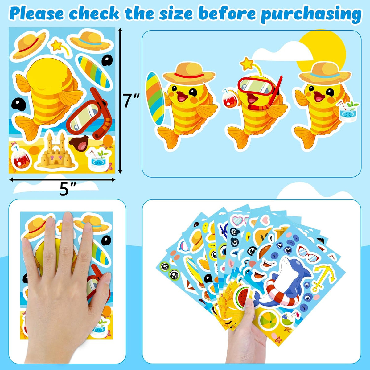 60Sheets Summer Animal Stickers Crafts Bulk, Hawaiian Beach Tropical Make-A-Flamingo/Bee/Fish Face Sticker Holiday Gifts Luau Pool Activity Games Goodie Bag Stuffer Party Favors(Small Size)