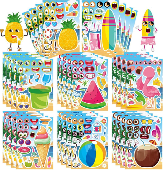 32 Sheets Summer Stickers for Kids, Make a Face Sticker Hawaii Tropical Pool Beach Stickers, Make Your Own Watermelon Pineapple Flamingo Sticker for Tropical Luau Party, Summer Holiday Party Favors