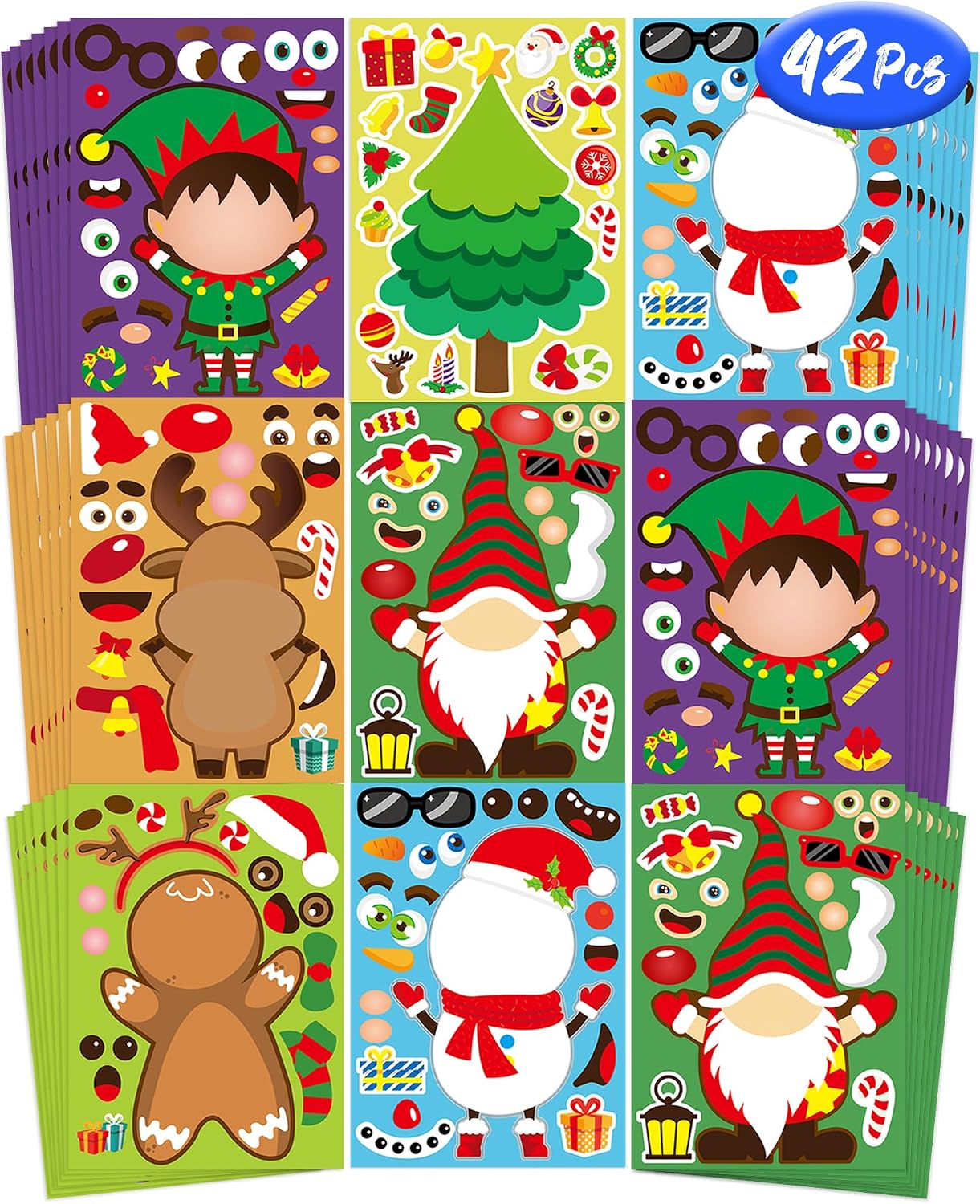 Oomloid 42 Sheets Christmas Party Favor Stickers for Kids, Christmas Goodie Bag Stocking Stuffers Face Stickers, Gifts Games Activities Holiday Sticker Crafts for Kids