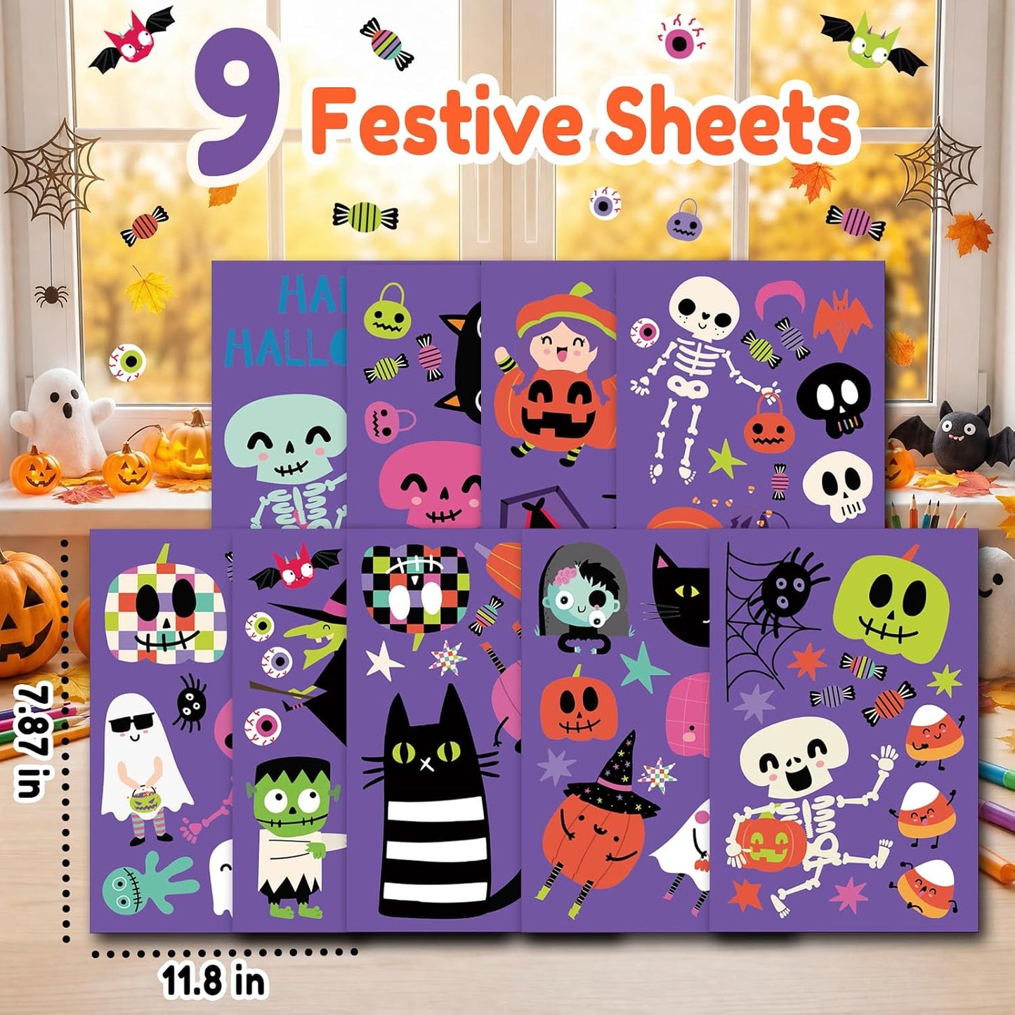 9 Sheet Halloween Window Clings for Kids, Ghost Skeleton Bat Stickers Decor
