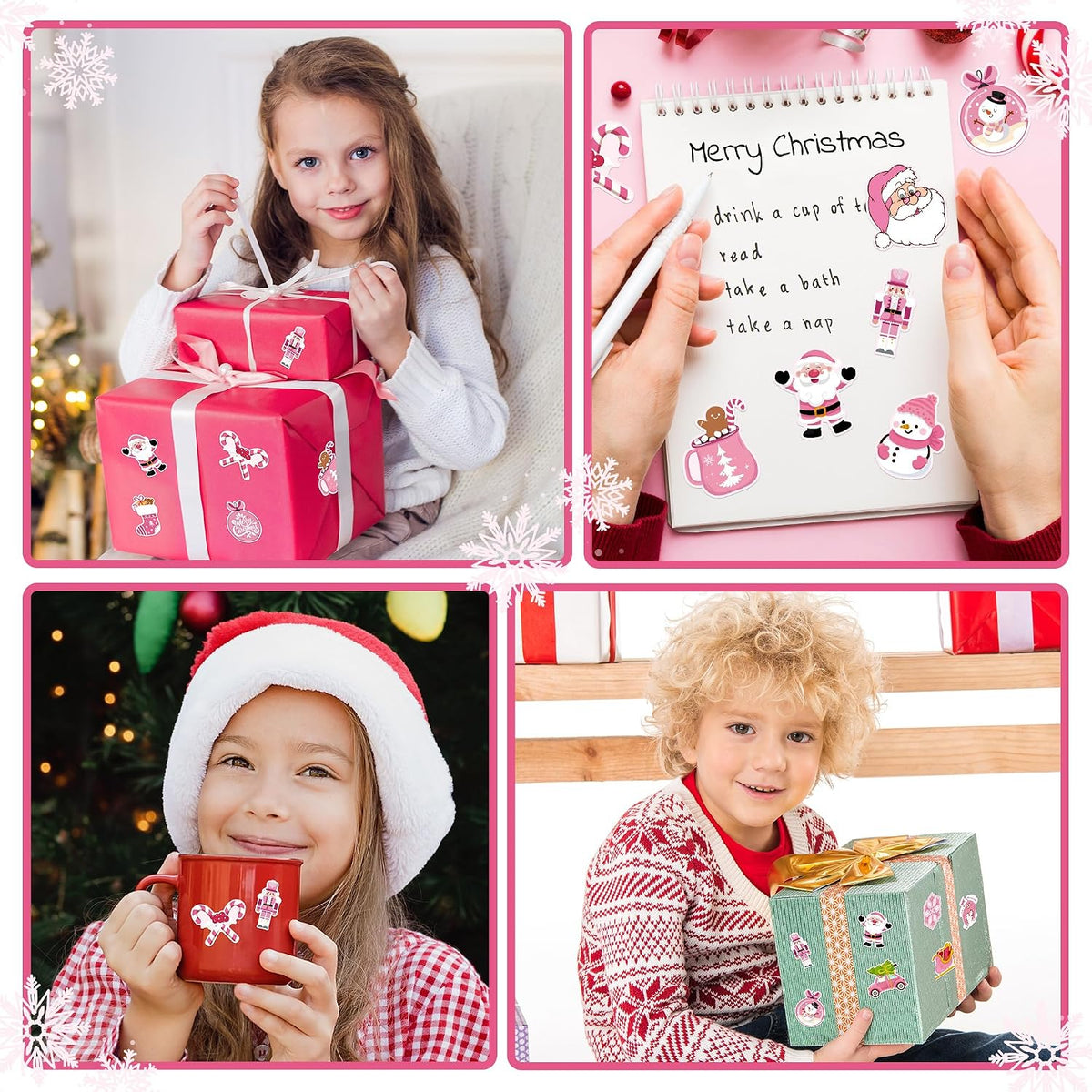 1000Pcs Pink Christmas Stickers Rolls Xmas Tree Santa Claus Nutcracker Snowman Self-Adhesive Decals Winter Wonderland Festive Holiday Party Favors DIY Crafts Gift Bottles Scrapbook Decor, 16 Designs
