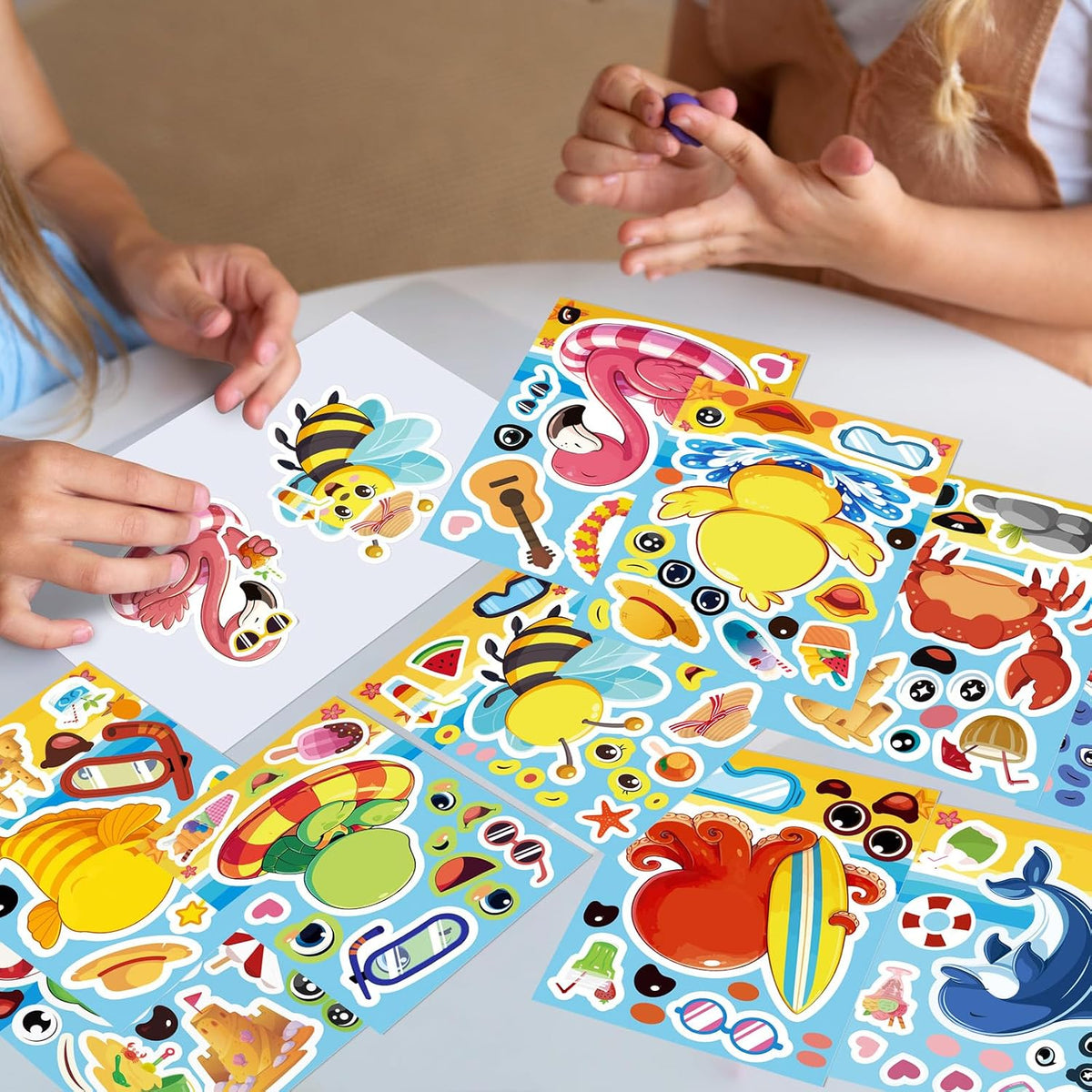 60Sheets Summer Animal Stickers Crafts Bulk, Hawaiian Beach Tropical Make-A-Flamingo/Bee/Fish Face Sticker Holiday Gifts Luau Pool Activity Games Goodie Bag Stuffer Party Favors(Small Size)