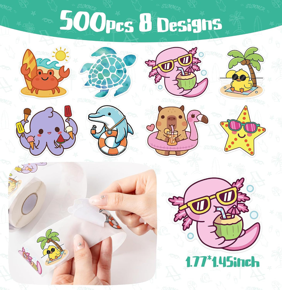 500Pcs Summer Animal Stickers Roll Cute Cartoon Capybara Sea Trutle Self Adhesive Labels Teacher Rewards Scrapbooking Envelope Seals Hawaiian Tropical Holiday Party Favors DIY Crafts Gifts for Kids