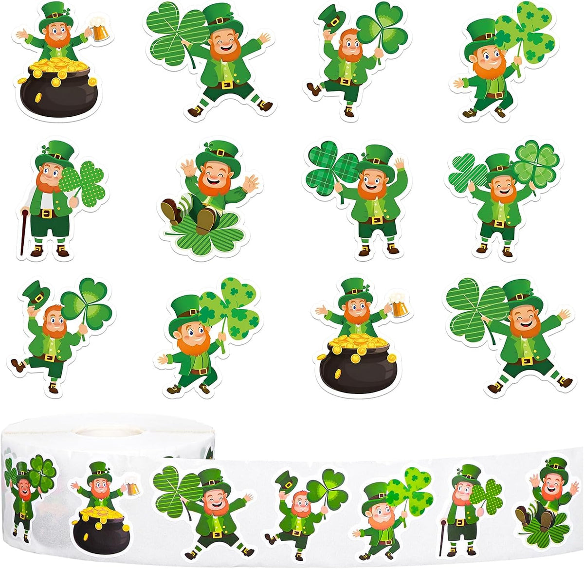 Whaline 1000 Pcs St. Patrick's Day Stickers Roll Cartoon Leprechaun Shamrock Clover Self-Adhesive Sticker Decals for Scrapbook Journal Decor Irish Holiday Party, 8 Designs