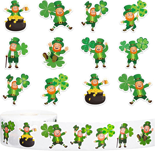 Whaline 1000 Pcs St. Patrick's Day Stickers Roll Cartoon Leprechaun Shamrock Clover Self-Adhesive Sticker Decals for Scrapbook Journal Decor Irish Holiday Party, 8 Designs