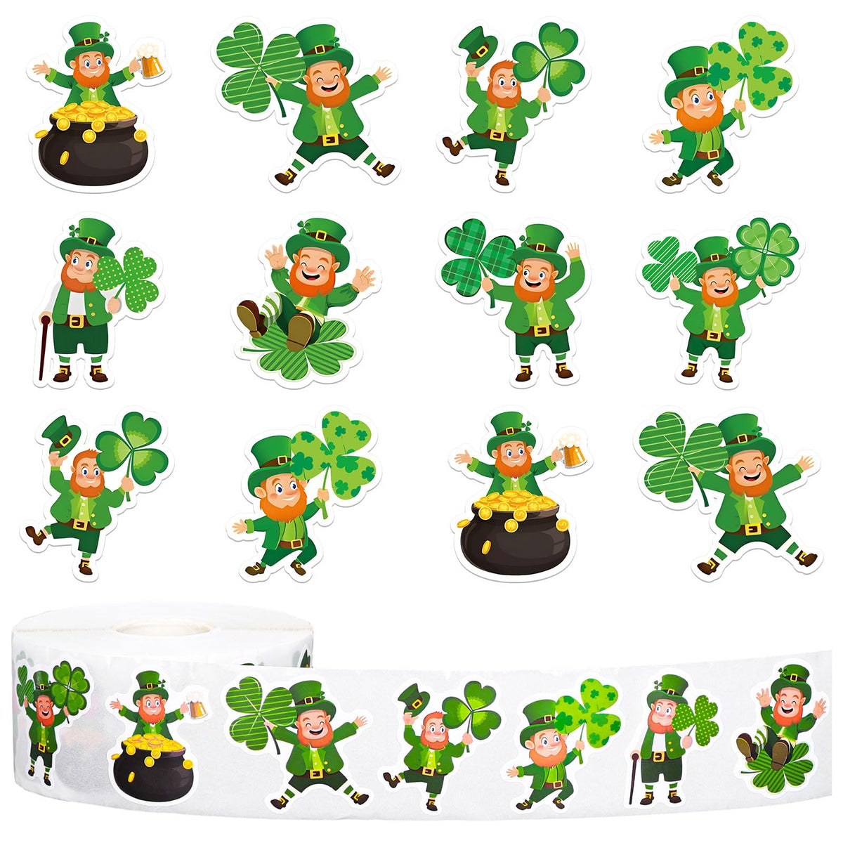 Whaline 1000 Pcs St. Patrick's Day Stickers Roll Cartoon Leprechaun Shamrock Clover Self-Adhesive Sticker Decals for Scrapbook Journal Decor Irish Holiday Party, 8 Designs